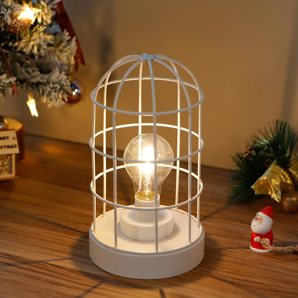 JHY DESIGN 10” Vintage Metal Cage Table Lamp, Battery Operated Cordless LED Decorative Lantern, Rustic Brown Sand Finish Lamp for Bedroom Living Room Kitchen Patio Wedding Home Decor (Black)