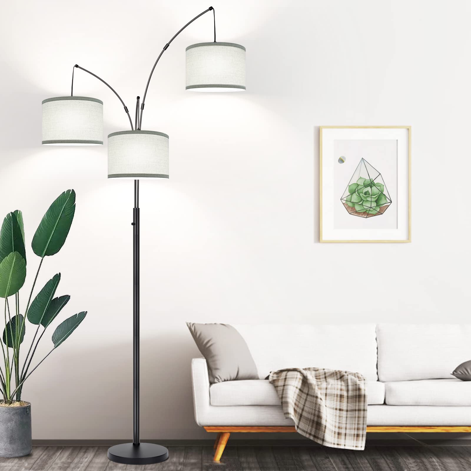 Dimmable 3 Lights Floor Lamp - 3000LM Super Bright Arc Floor Lamps for Living Room, Modern Tall Standing Lamp With Beige Shades, Mid Century Tree Floor Lamp for Bedroom Office, 3 LED Bulbs Included