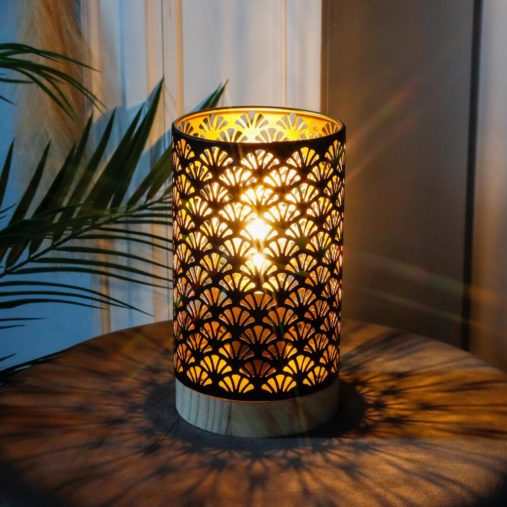 JHY DESIGN Metal Lamp Battery Powered 11''H Accent Cordless Decor Battery Lamp with 6-Hours Timer for Weddings Party Patio Garden Indoor Outdoor Table Balcony Christmas Decorations (with Wooden Base)