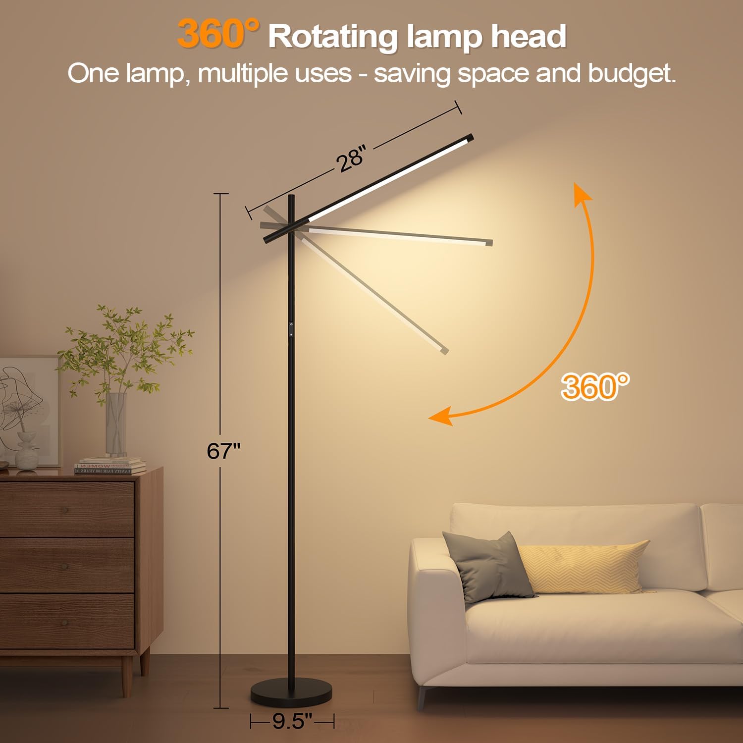LED Corner Floor Lamp, 360°Rotating Head, Super Bright 1800LM Dimmable Minimalist Floor Lamps with Remote Control,3000K-6000K Modern Corner Light,67" Tall Standing Lamp for Living Room,Bedroom,Office