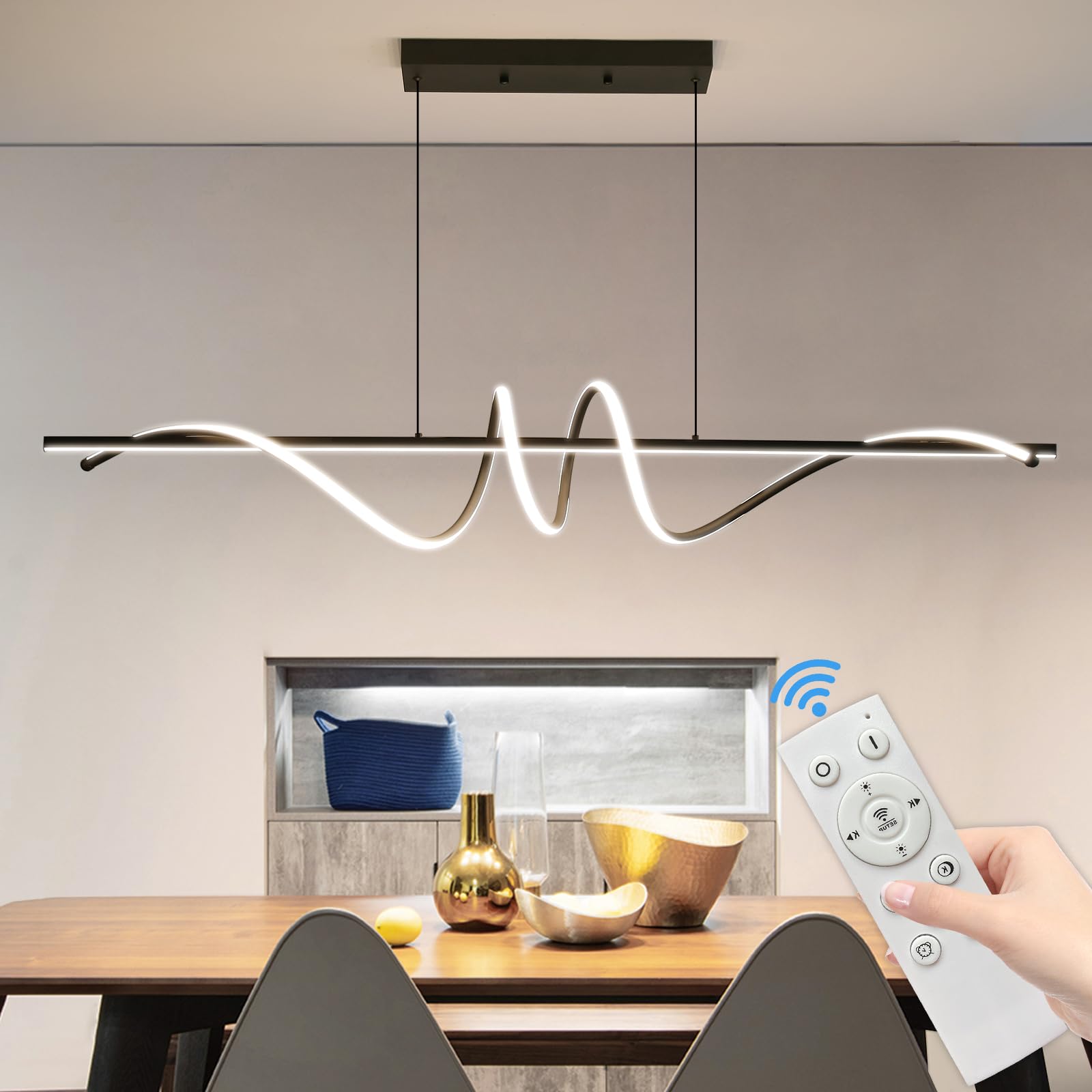 Modern Chandelier, Linear Pendant Light LED Dimmable Hanging Light Fixture, 3000K-6500K with Remote Control (Black, 47IN)