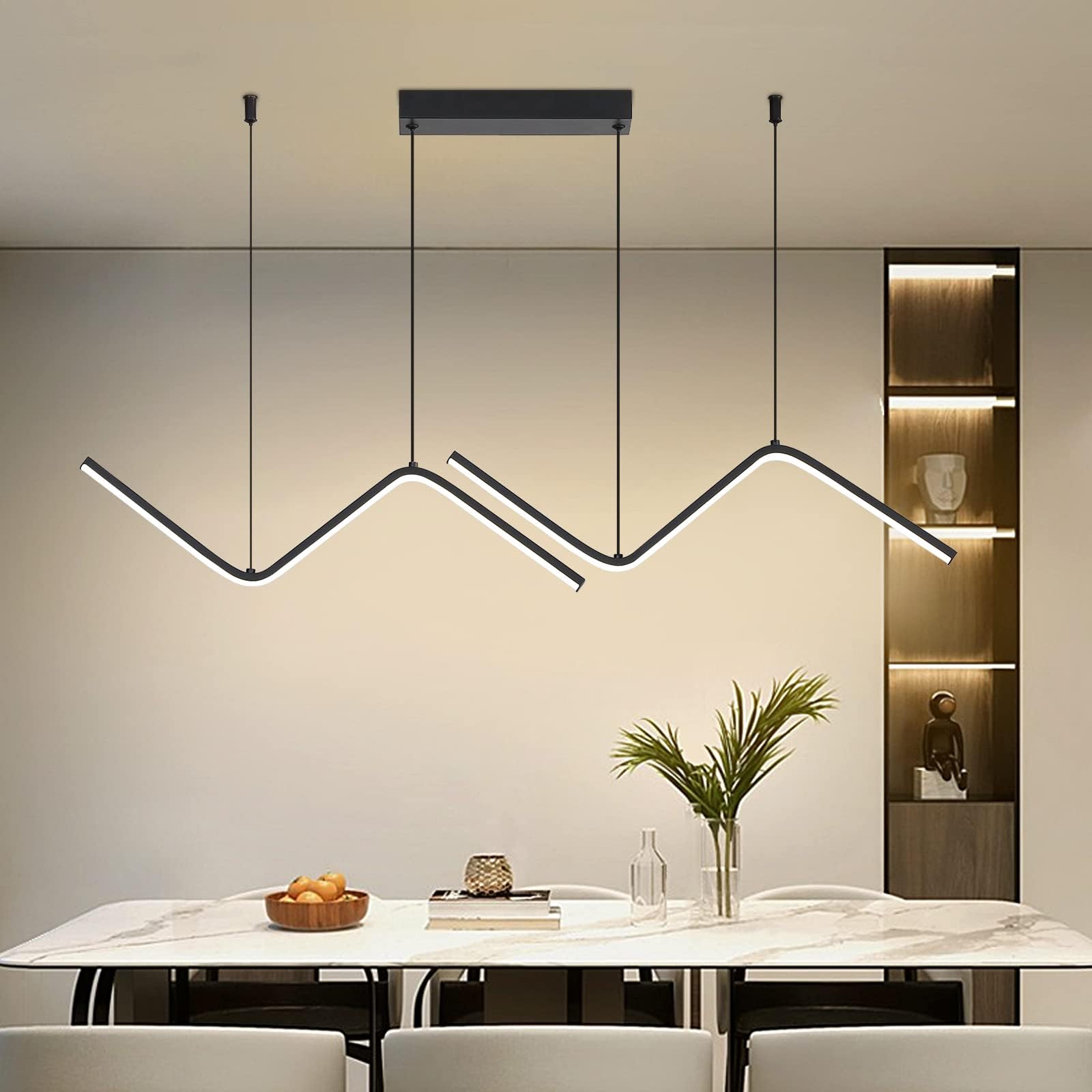 Modern Chandelier, Linear Pendant Light LED Dimmable Hanging Light Fixture, 3000K-6500K with Remote Control (Black, 47IN)