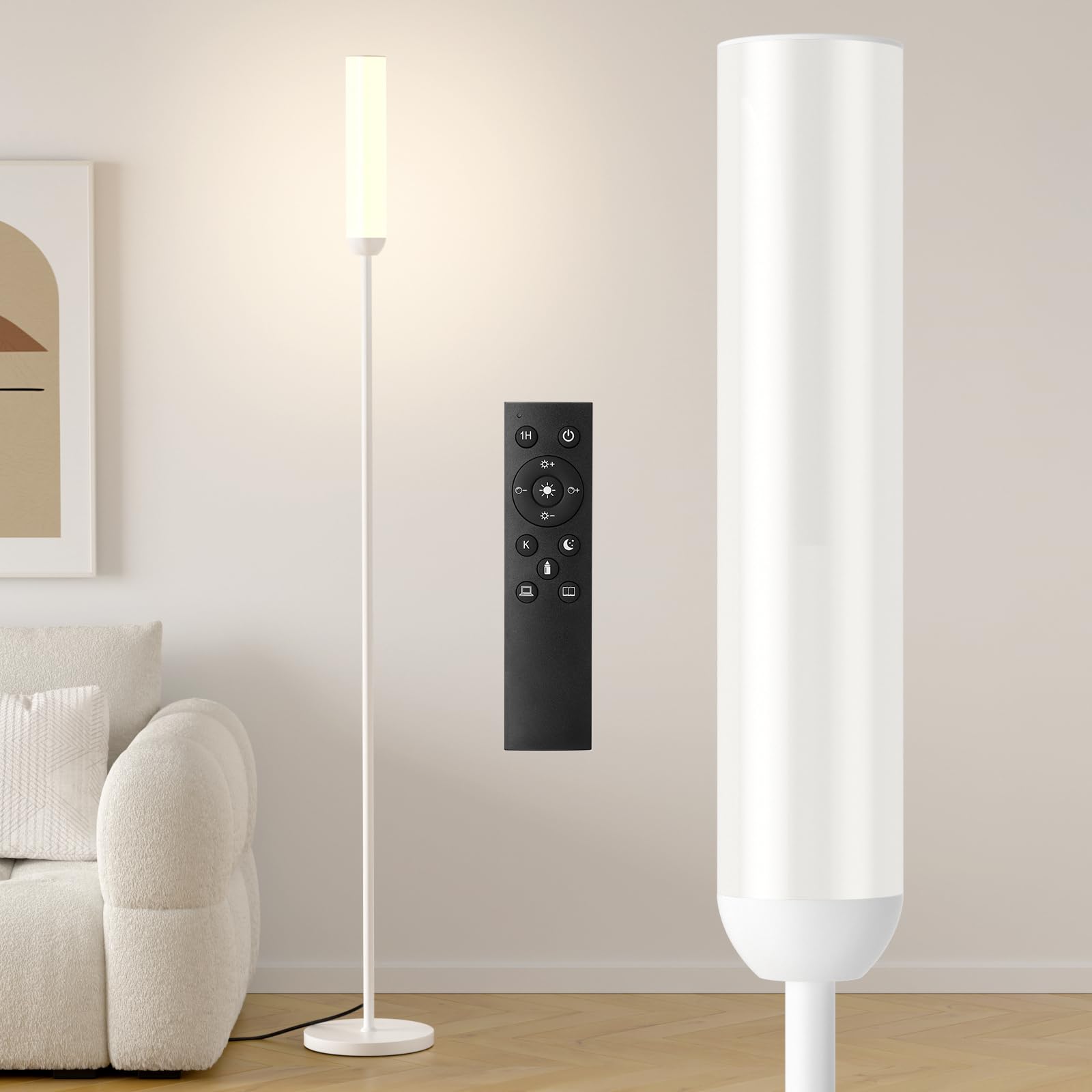 Ambimall LED Floor Lamp with Remote Control, 65" Standing lamp with Stepless Adjustable 3000K-6500K Colors & 30-100% Brightness, Foot Switch(Black)