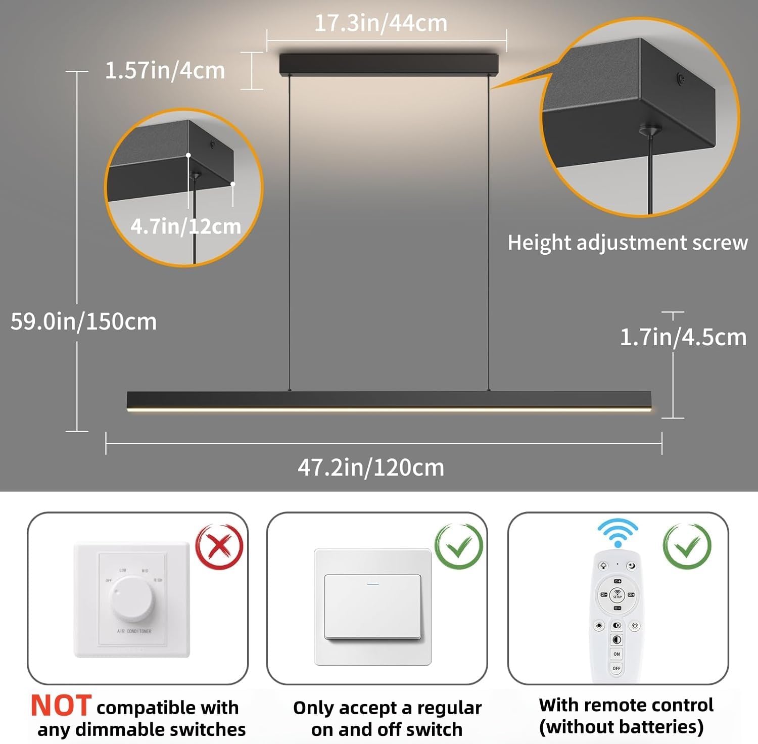 Modern Ceiling Pendant Light,47in LED Black Linear Ceiling Chandelier Light Dining Room,Living Room,Warm & Cool, Neutral Light,Aluminum Island Lighting Hanging Pendant Light for Kitchen