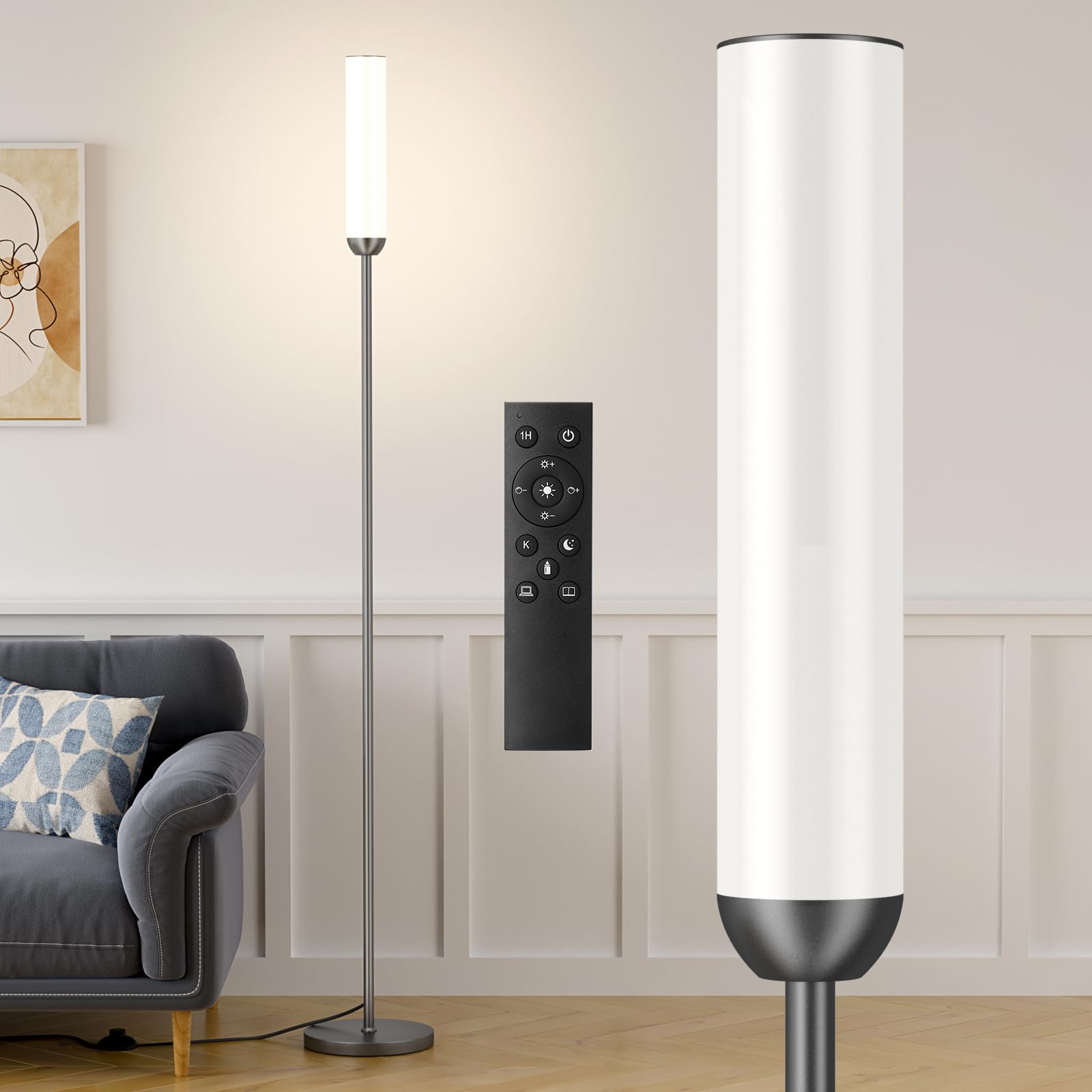 Ambimall LED Floor Lamp with Remote Control, 65" Standing lamp with Stepless Adjustable 3000K-6500K Colors & 30-100% Brightness, Foot Switch(Black)