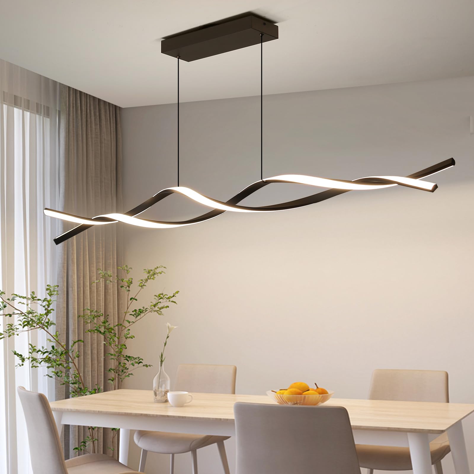 Modern Chandelier, Linear Pendant Light LED Dimmable Hanging Light Fixture, 3000K-6500K with Remote Control (Black, 47IN)