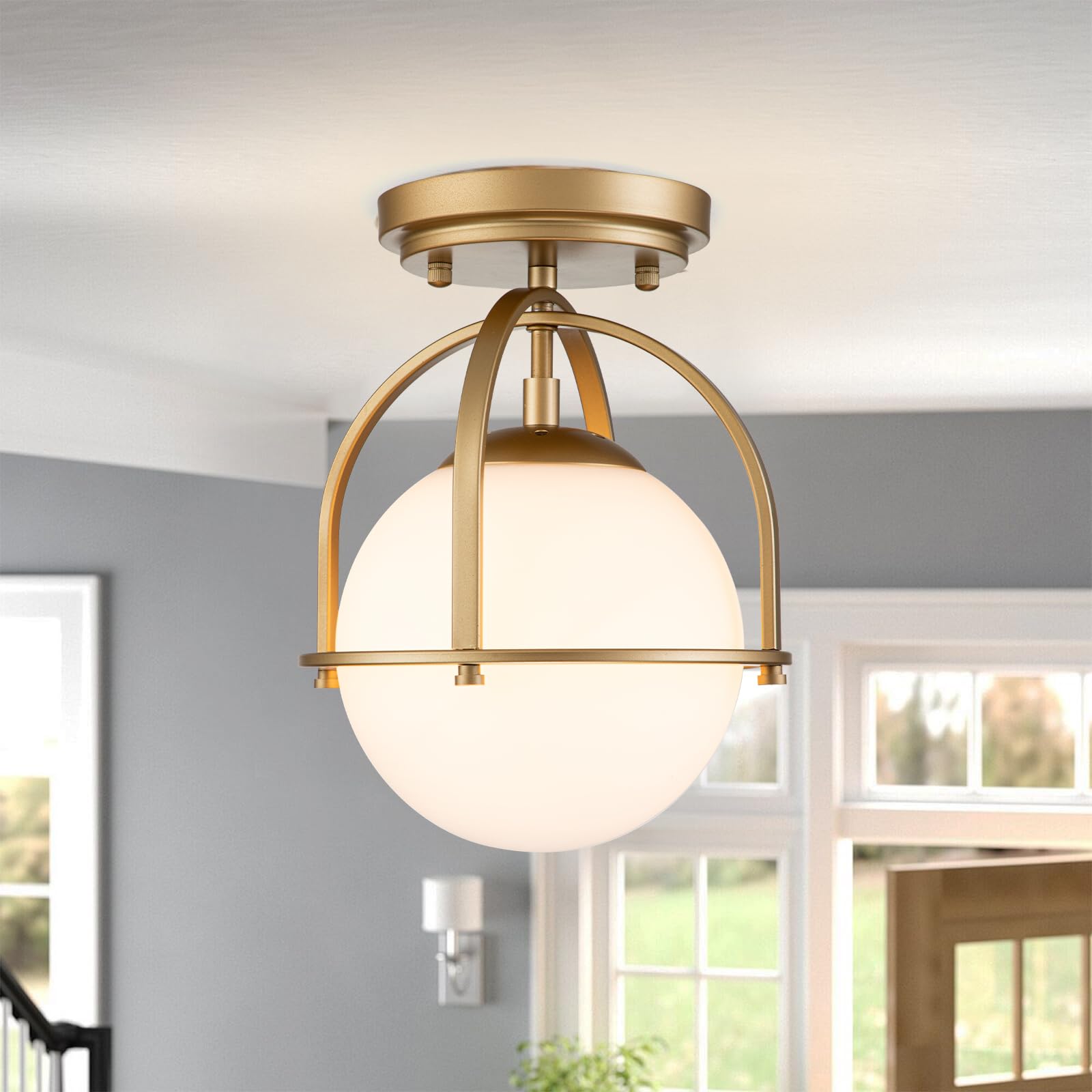 Brushed Gold 4-Light Linear Chandelier, Milk Glass Globe Dining Room Light
