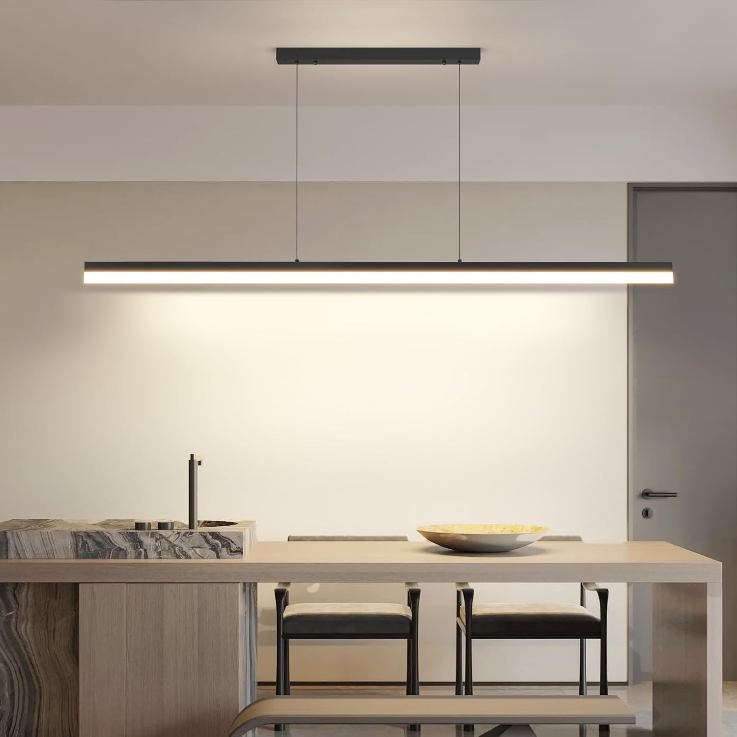 Modern Wooden Pendant Light, 47IN Walnut Wooden Chandelier with Remote Control 3000k-6500K Adjustable Color Temperature，Aluminum Island Lighting Lamp for Dining Room, Living Room