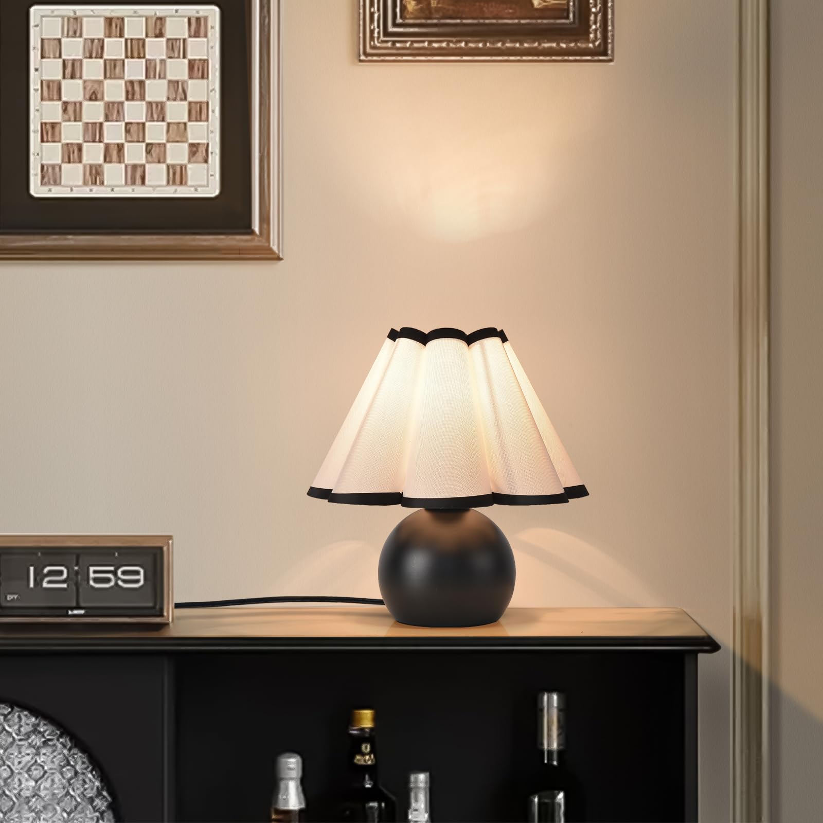 Brass Gold Small Bedside Lamp, Scalloped Shade Table Lamp for Bedroom Living Room