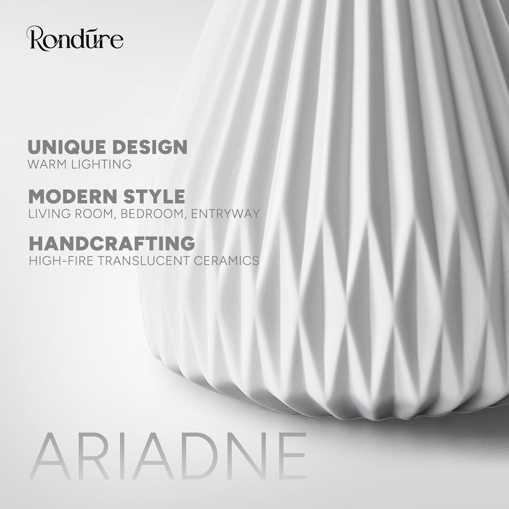 RONDURE 9.1" Modern Ceramic Table Lamp, Fully Dimmable Bedside Lamp for Bedroom Living Room Nightstand, White Translucent Ceramic Shade, Warm Ambient Decorative Corded Lighting, Bulb Included