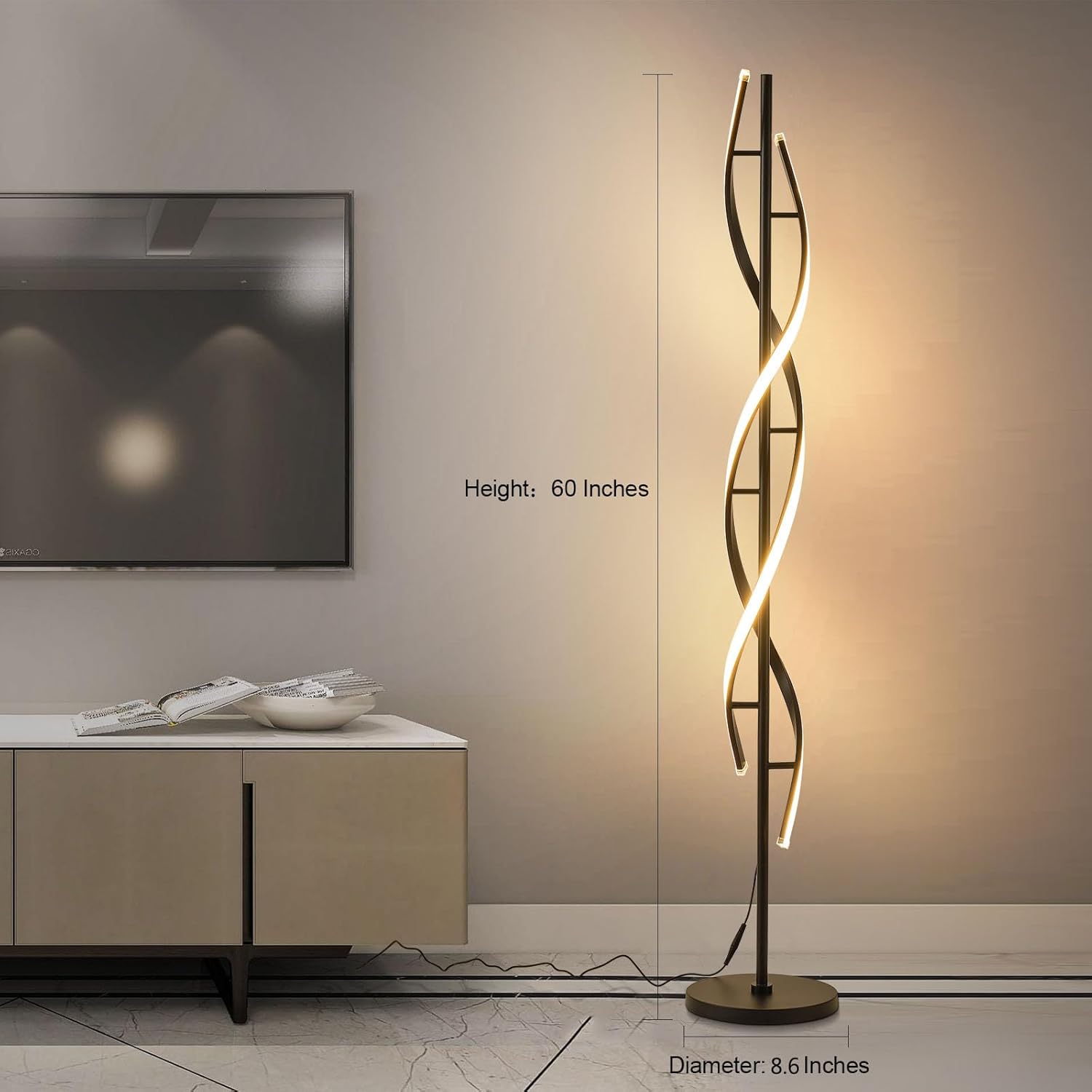 Spiral LED Floor Lamp for Bedroom,Modern Floor Lamps with Remote Control 60 Inch Dimmable Black Floor Lamp 48W Standing Lamp Timing 3 Color Temperature Corner Floor Lamps for Living Room