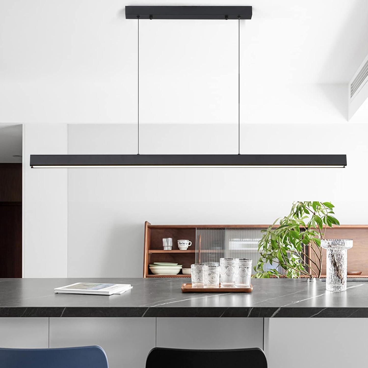Black 47" LED Island Pendant Light, Dimmable 25W with Remote for Pool Table