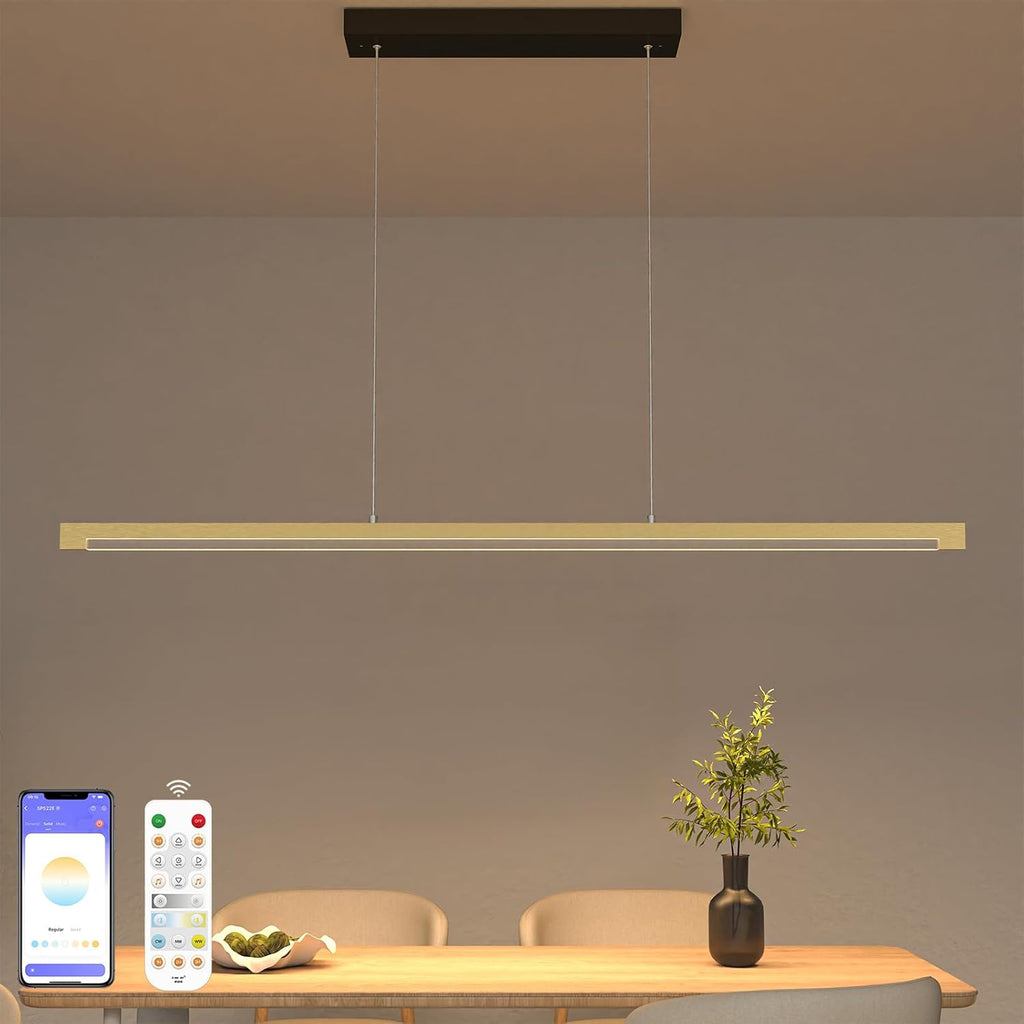 54" Linear Pendant Light Aluminum, 40W Gold Dimmable Kitchen Island Lighting with Remote & App Control, Adjustable CCT (3000K-6000K), Modern Chandelier for Home Office Dining Room Study