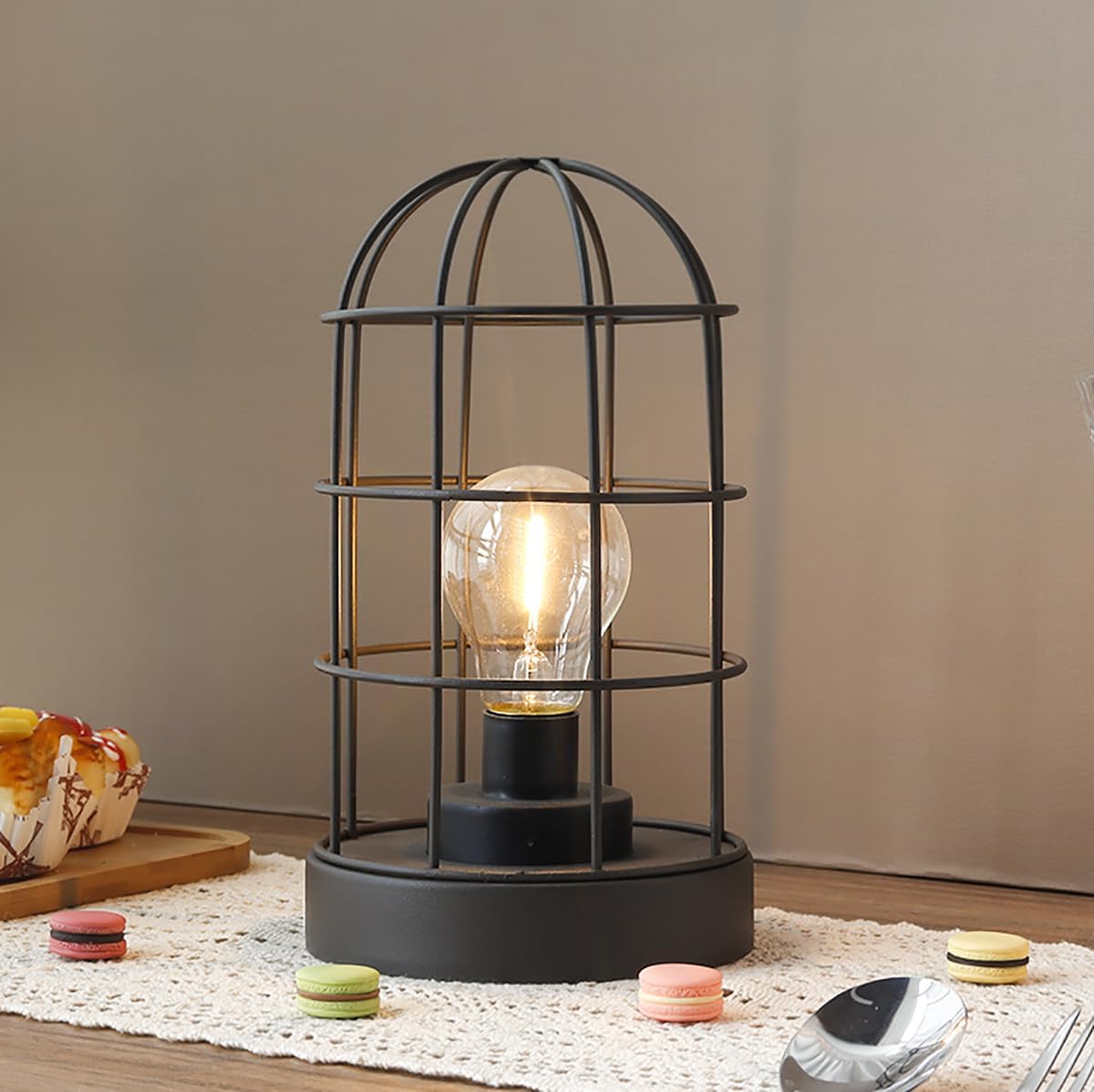 JHY DESIGN 10” Vintage Metal Cage Table Lamp, Battery Operated Cordless LED Decorative Lantern, Rustic Brown Sand Finish Lamp for Bedroom Living Room Kitchen Patio Wedding Home Decor (Black)