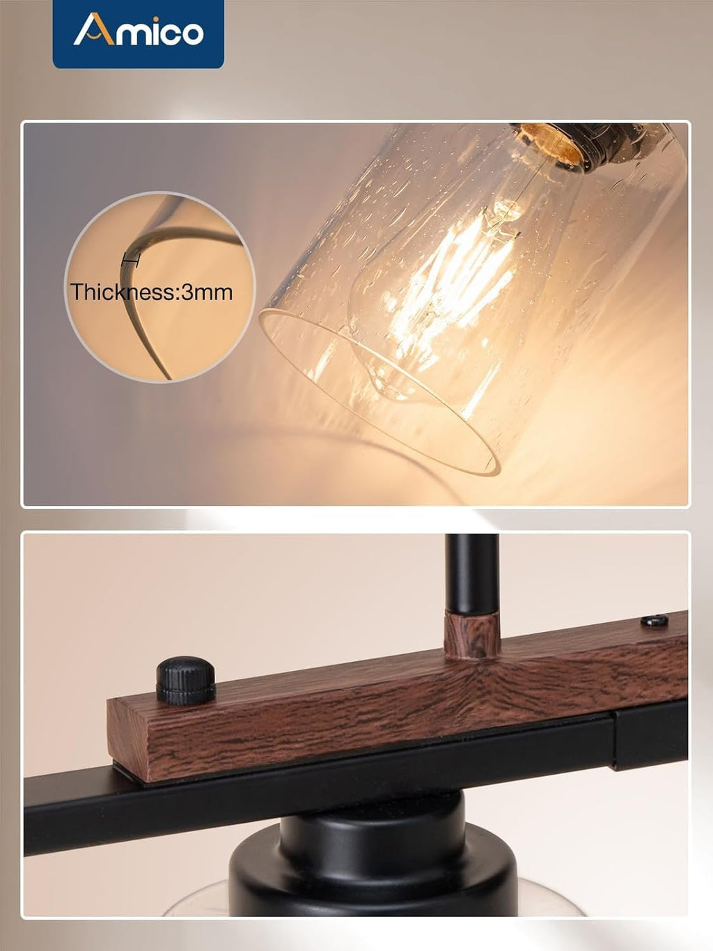Amico Dining Room Light Fixture 5-Light Kitchen Island Lighting with Adjustable Rods, Farmhouse Decor Black Metal & Wood Chandelier with Seeded Glass Shade, Island Lights for Kitchen