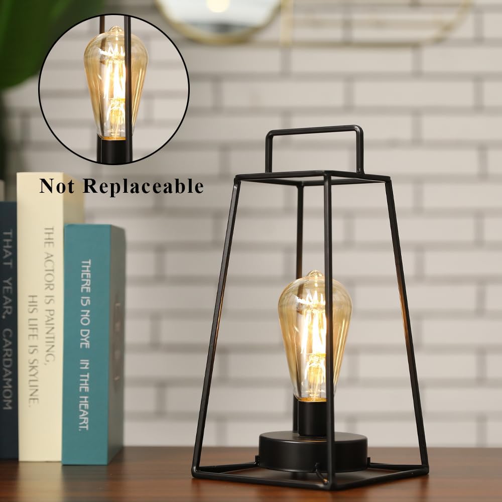 JHY DESIGN Retro Style Geometric Table Lamp 12''H Simple Iron Art Cordless Lamp Battery Operated Cage Wireless Light with 6-Hours Timer for Balcony Wedding Parties Indoor Outdoor(Tall, Black)