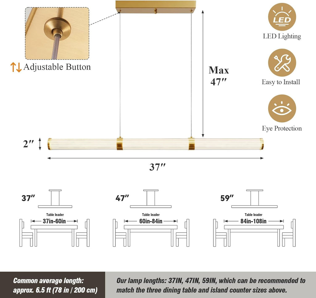 Modern Linear Chandelier Gold Linear Pendant Light Fixture, LED Dimmable Island Chandelier for Kitchen Island Lighting, Dining Room, and Living Room, Over Table Easy to Install.
