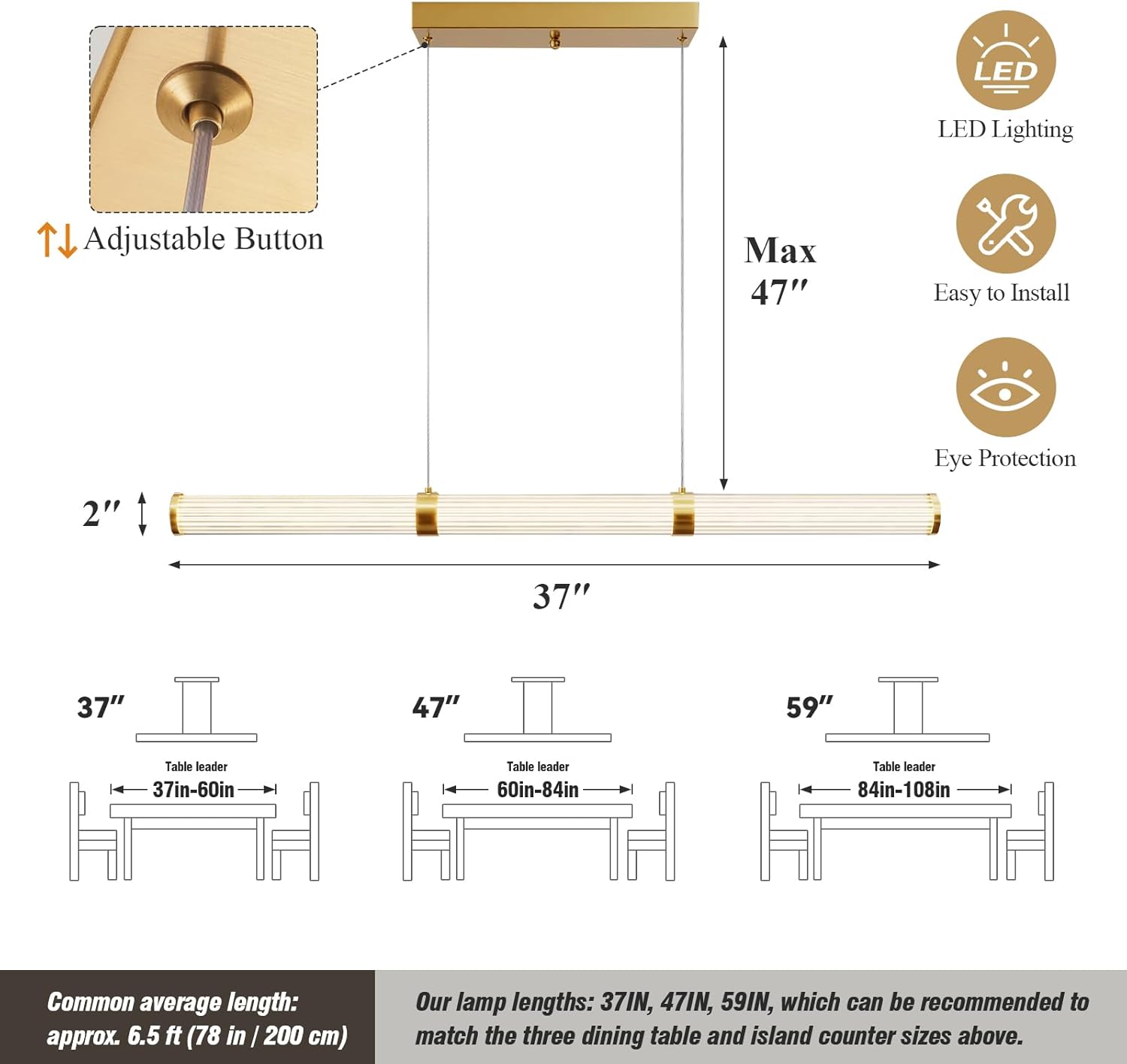 Modern Linear Chandelier Gold Linear Pendant Light Fixture, LED Dimmable Island Chandelier for Kitchen Island Lighting, Dining Room, and Living Room, Over Table Easy to Install.