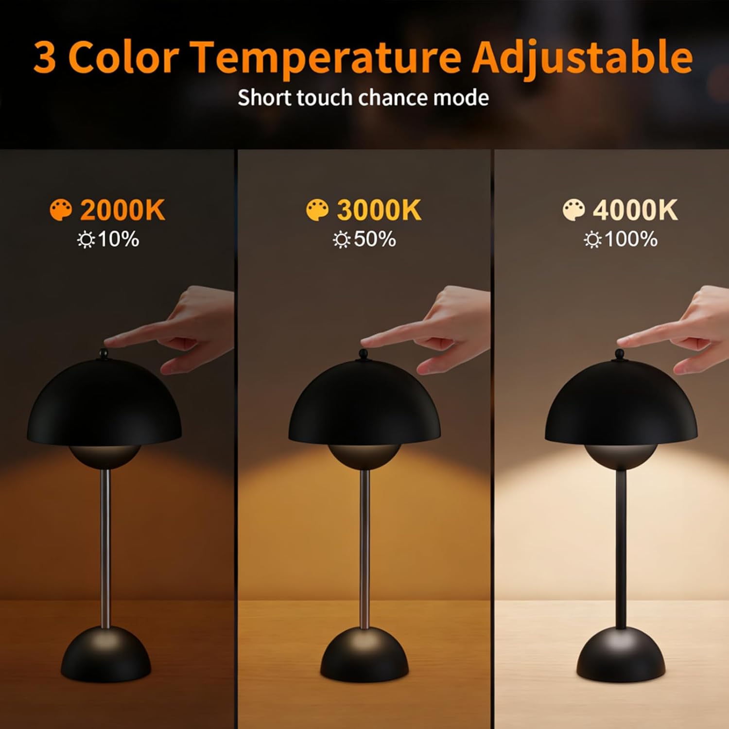 Dawnrise Rechargeable Table Lamp with 3 Color Temperatures, Cordless, Touch Desk Lamps for Living Room, Bedroom, Dining Table, Restaurant, Coffee Shop, Industrial Style (Black), 1 Pack