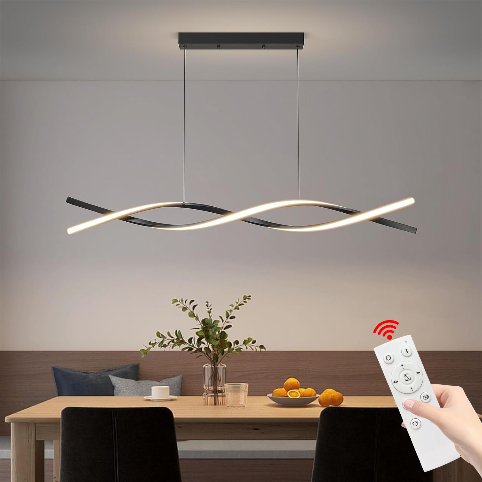 Modern Chandelier, Linear Pendant Light LED Dimmable Hanging Light Fixture, 3000K-6500K with Remote Control (Black, 47IN)