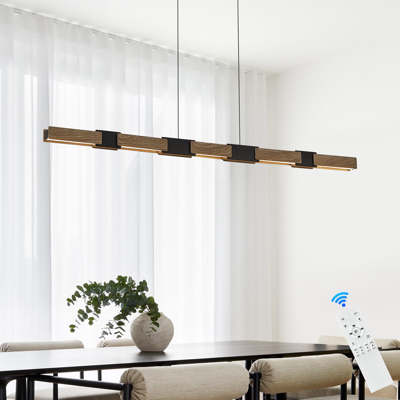 Modern LED Linear Pendant Lights 52 inch LED Chandelier Lighting for Home Office Black and Wood Dining Room Hanging Light Fixture Modern Dimmable Kitchen Island Lighting
