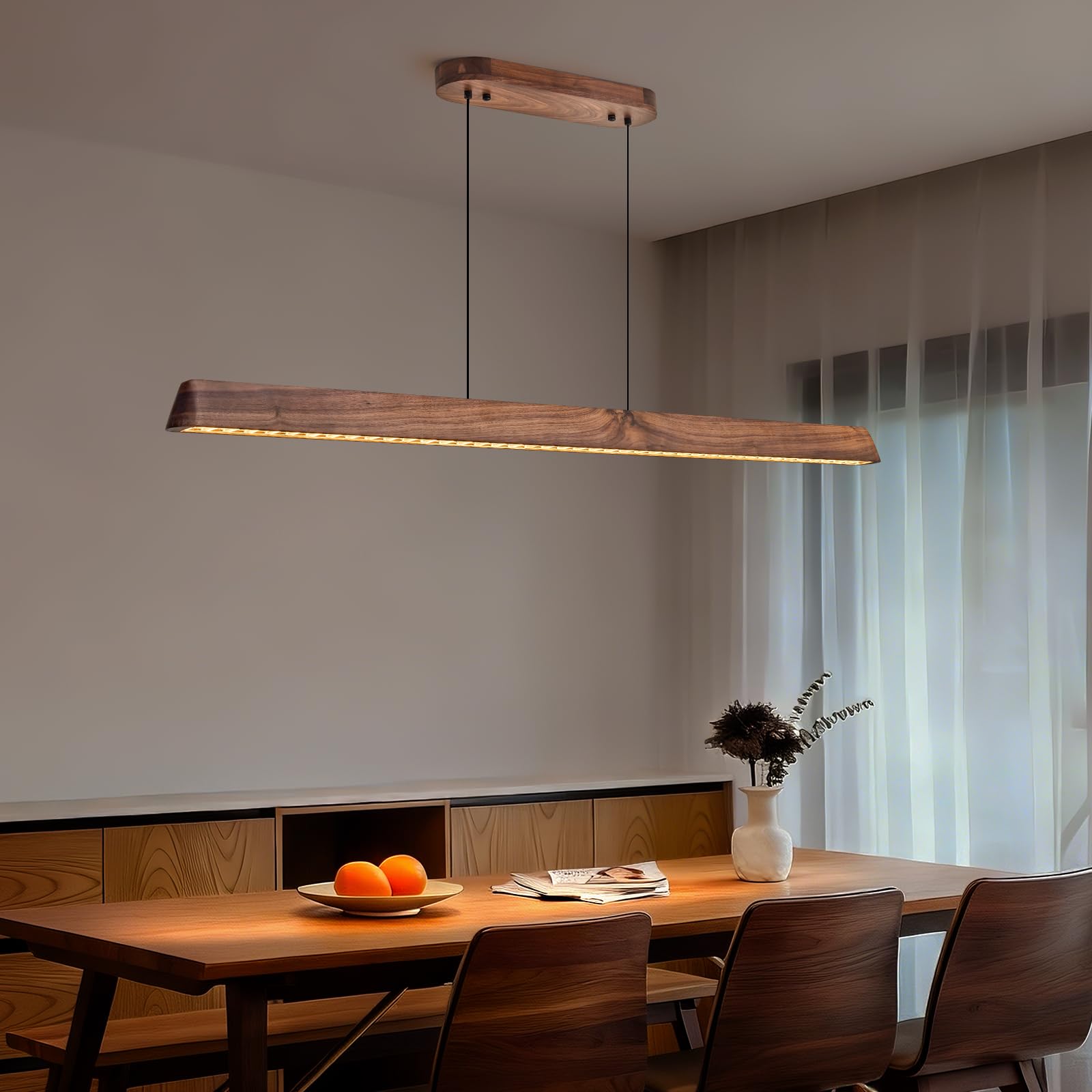 57" Wood Linear Pendant Light, Dimmable Kitchen Island Lighting with Remote, 30W LED Island Lights for Kitchen, Adjustable Linear Chandelier for Dinning Room Light Fixture, Bar, Pool Table Light
