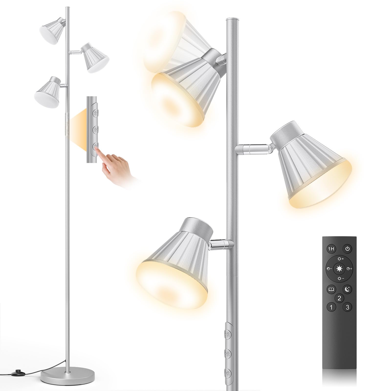 SIBRILLE 36W LED Tree Floor Lamp, Dimmable Tall Standing Lamp with Remote & Touch Control, 4 Color Temperatures Bright Floor Lamp, 3 Rotatable Light Modern Floor Lamps for Living Room Bedroom Office