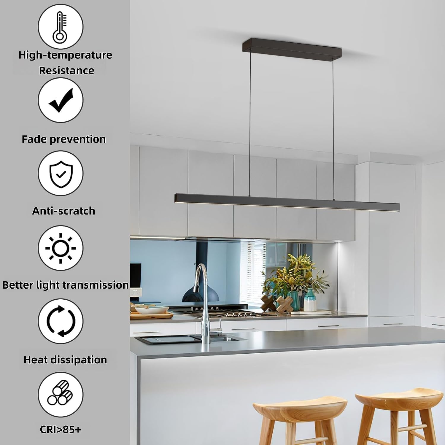 Modern Ceiling Pendant Light,47in LED Black Linear Ceiling Chandelier Light Dining Room,Living Room,Warm & Cool, Neutral Light,Aluminum Island Lighting Hanging Pendant Light for Kitchen