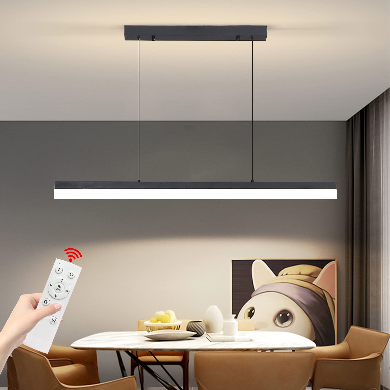 Black 47" LED Island Pendant Light, Dimmable 25W with Remote for Pool Table