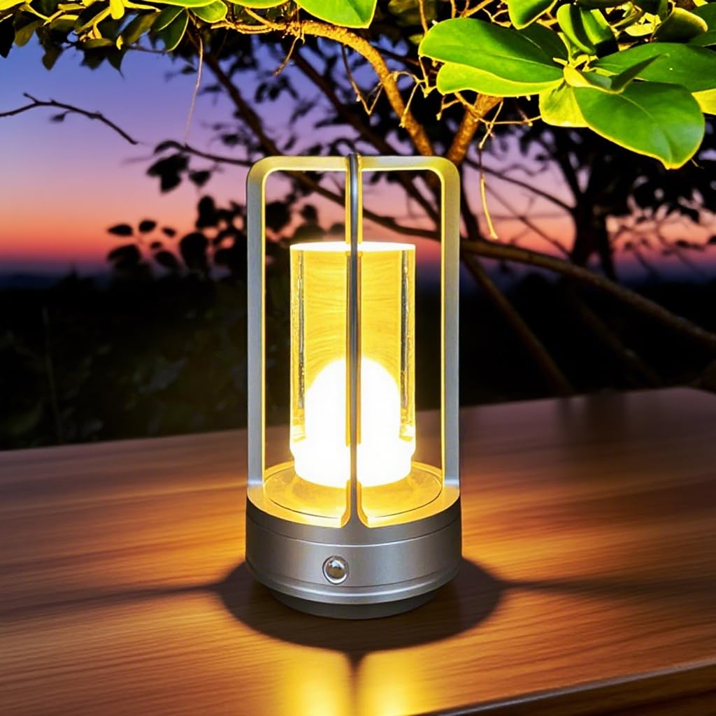 Portable Metal Table Lamp, 4000 mAh Outdoor Table Lights Rechargeable, 3 Color Stepless Dimmable Battery Operated Lamp for Patio, Camping, Bar Samll Desk Lamp for Indoor/ Outdoor (Black)