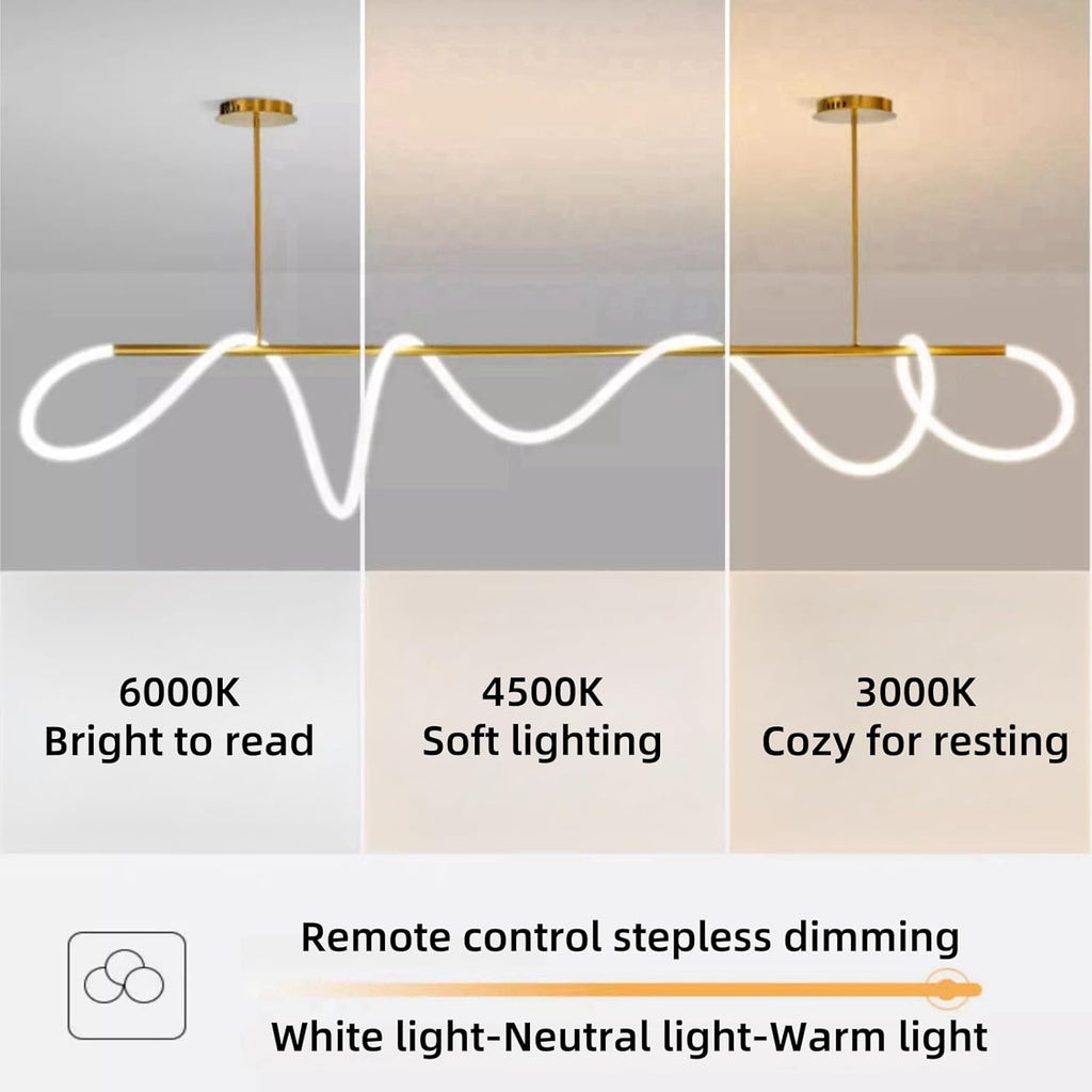 Modern Dimmable Desk Linear Pendant Light, with Remote 3 Color Mode & Brightness Ring Chandelier, 47 in Dining Room Ceiling Lamp Fixture, Gold Restaurant Kitchen Long Hose Lamp