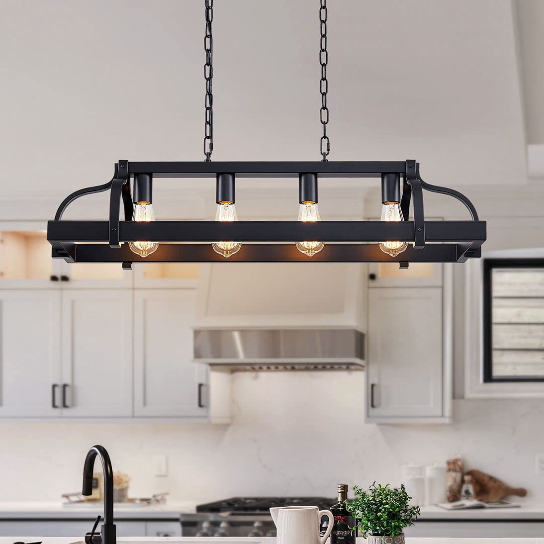 WUZUPS 5-Light Metal Chandelier Imitation Wood Grain Linear Pendant Ceiling Lighting Rustic Farmhouse Fixture Kitchen Island Dining Room, H 8.5" L 31.5" W10, E26 Base, Black & Retro Wood