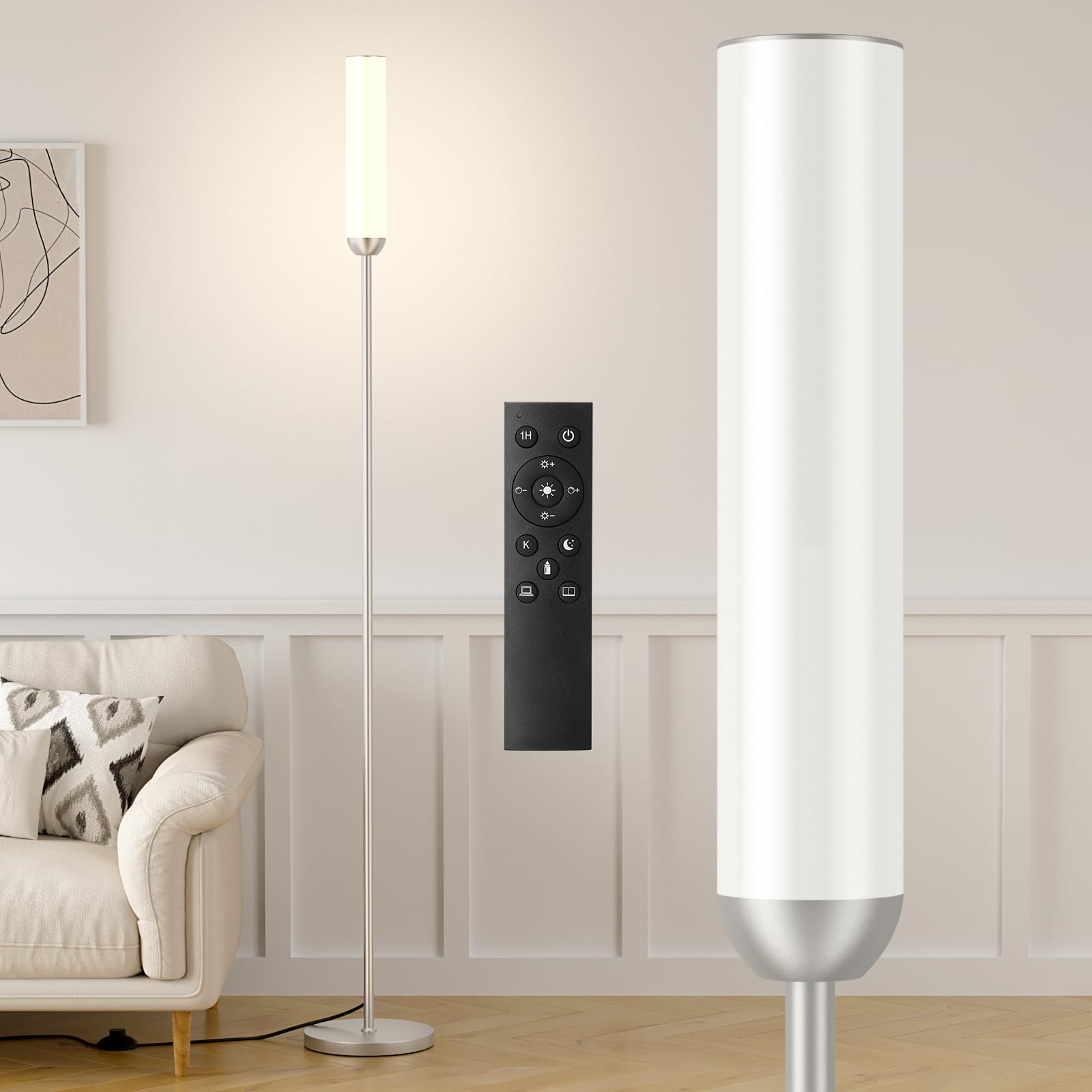 Ambimall LED Floor Lamp with Remote Control, 65" Standing lamp with Stepless Adjustable 3000K-6500K Colors & 30-100% Brightness, Foot Switch(Black)