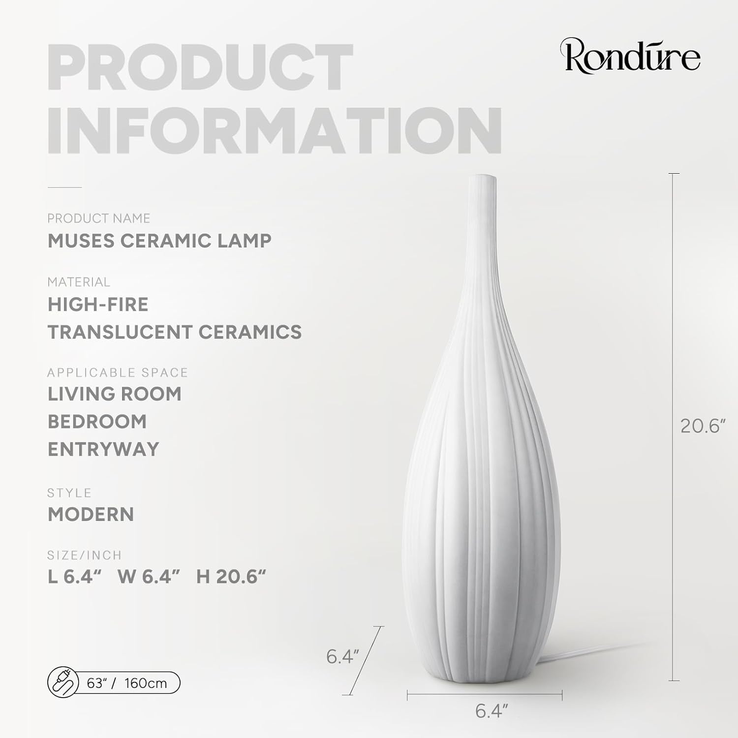 RONDURE 20.6" Modern Ceramic Table Lamp, Fully Dimmable Bedside Lamp for Bedroom Living Room Nightstand, White Translucent Ceramic Shade, Warm Ambient Decorative Corded Lighting, Bulb Included