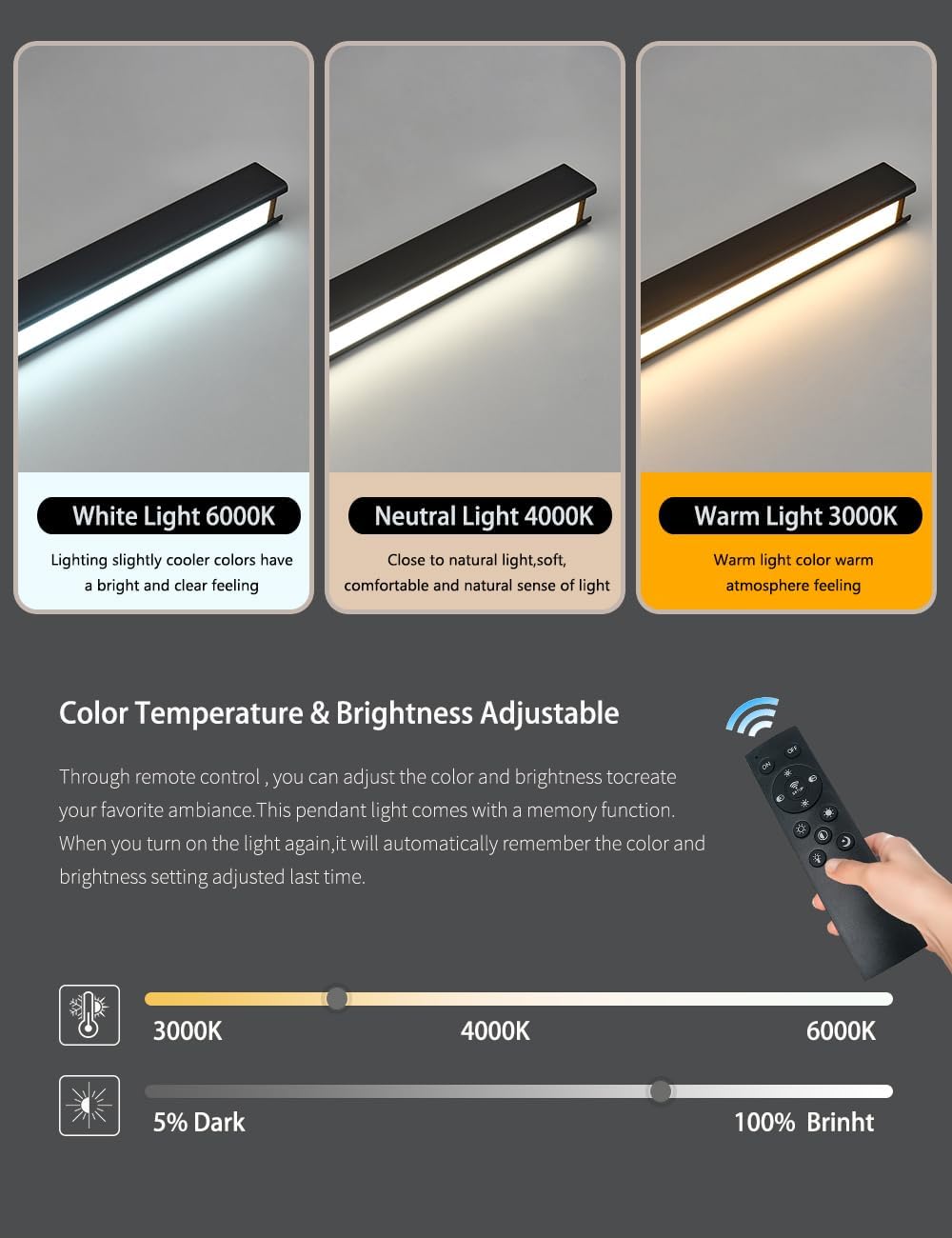 94″ Black Linear Pendant Light - Dimmable High Output LED, Modern Black Finish with Walnut Wood Grain Accent, 8ft Length Perfect for Pool Table, Dining Room, Conference Room