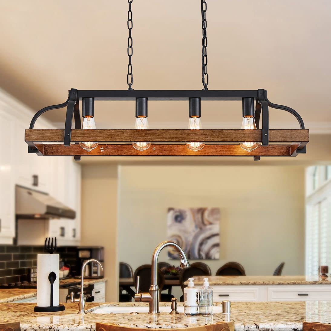 WUZUPS 5-Light Metal Chandelier Imitation Wood Grain Linear Pendant Ceiling Lighting Rustic Farmhouse Fixture Kitchen Island Dining Room, H 8.5" L 31.5" W10, E26 Base, Black & Retro Wood