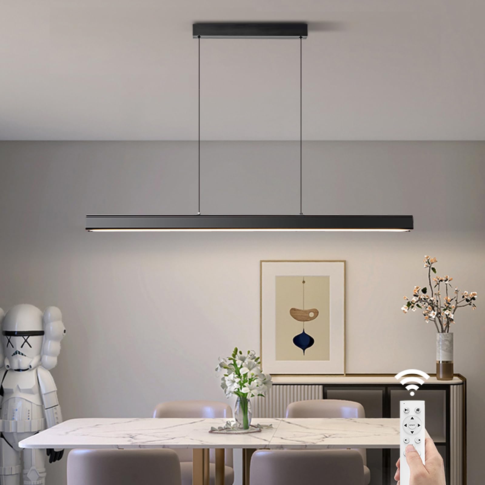 JAYMP Minimalist Linear Pendant Light Dimmable LED Modern Chandelier Dining Room Island Light Restaurant Cafe Bar Office Hanging Lamp (Black 1, 57 Inch)
