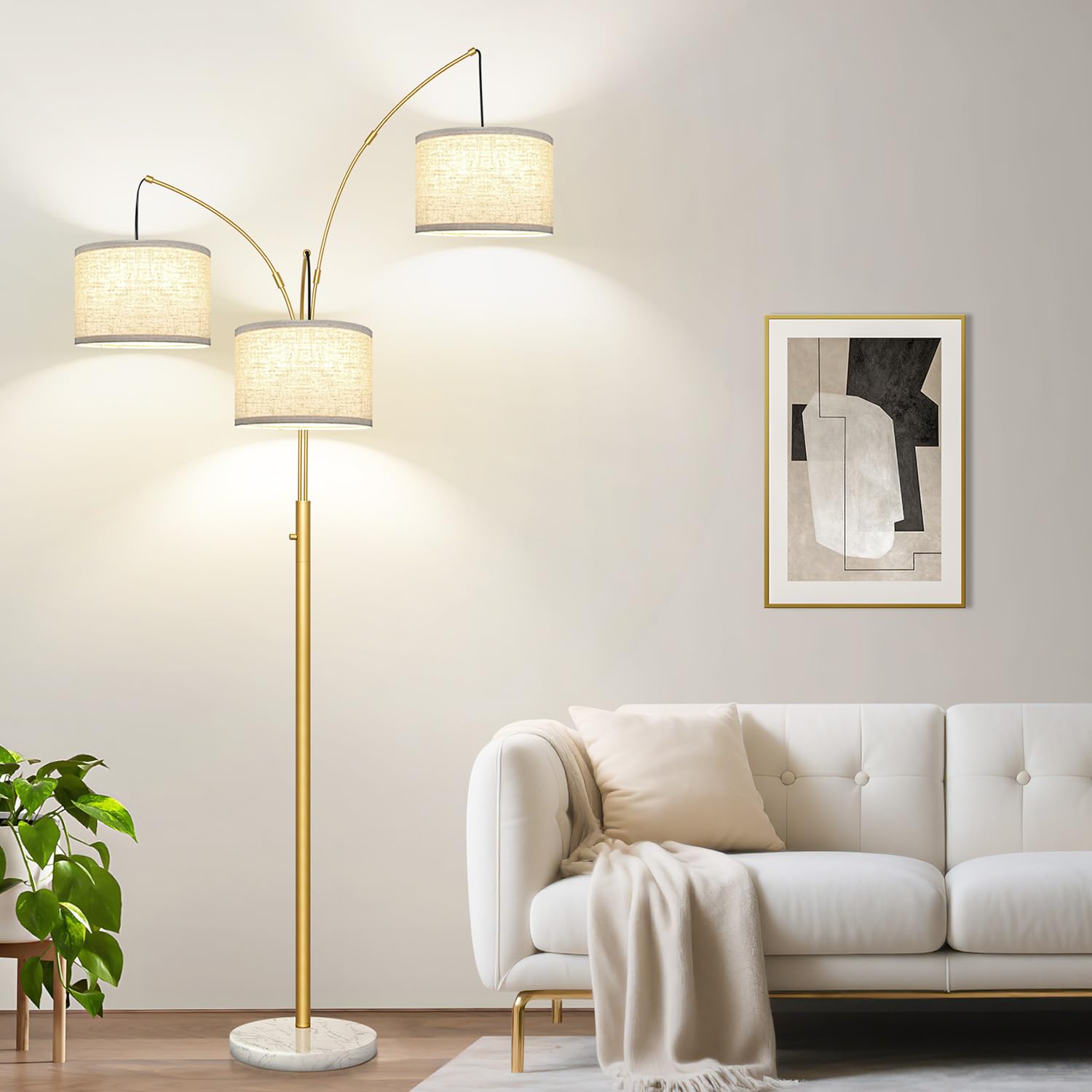 Dimmable 3 Lights Floor Lamp - 3000LM Super Bright Arc Floor Lamps for Living Room, Modern Tall Standing Lamp With Beige Shades, Mid Century Tree Floor Lamp for Bedroom Office, 3 LED Bulbs Included