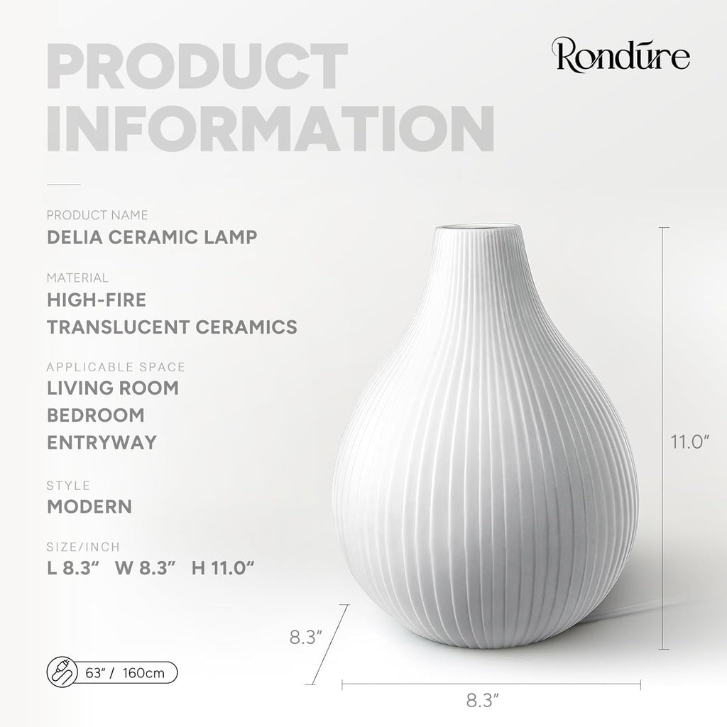 RONDURE 11.0" Modern Ceramic Table Lamp, Fully Dimmable Bedside Lamp for Bedroom Living Room Nightstand, White Translucent Ceramic Shade, Warm Ambient Decorative Corded Lighting, Bulb Included