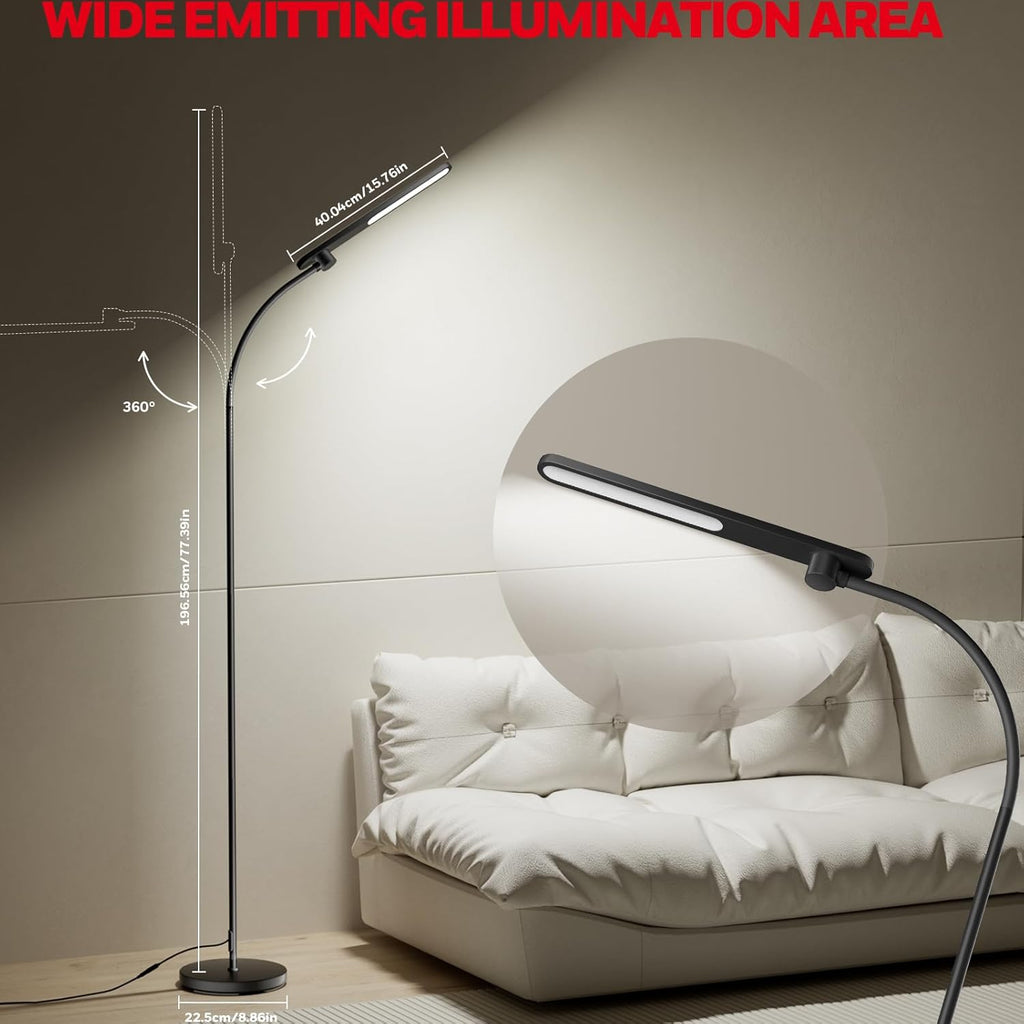 Honeywell LED Floor Lamp for Reading, CRI97 Full Spectrum Gooseneck Floor Lamp with Remote, Eye-Caring Dimmable Standing Task Light, 3 Color Temperatures, 77.5" Tall for Living Room Bedroom Office