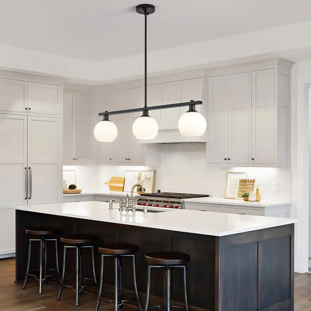 Kitchen Island Lighting 3 Lights Linear Pendant Light Fixtures With Milk Glass Shades Black Farmhouse Chandeliers for Dining Room Chandelier Over Table Mid Century Modern Hanging Light Fixture for Bar