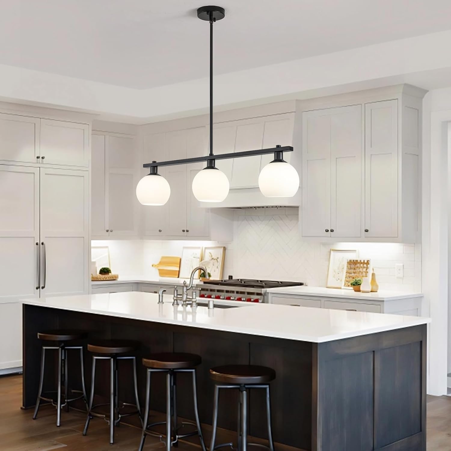 Kitchen Island Lighting 3 Lights Linear Pendant Light Fixtures With Milk Glass Shades Black Farmhouse Chandeliers for Dining Room Chandelier Over Table Mid Century Modern Hanging Light Fixture for Bar