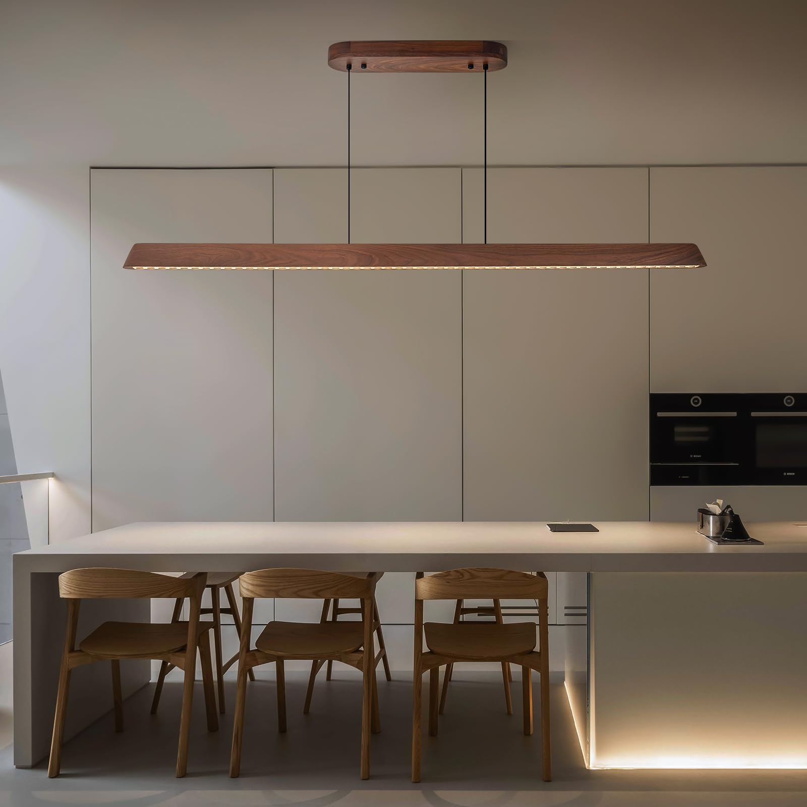 57" Wood Linear Pendant Light, Dimmable Kitchen Island Lighting with Remote, 30W LED Island Lights for Kitchen, Adjustable Linear Chandelier for Dinning Room Light Fixture, Bar, Pool Table Light