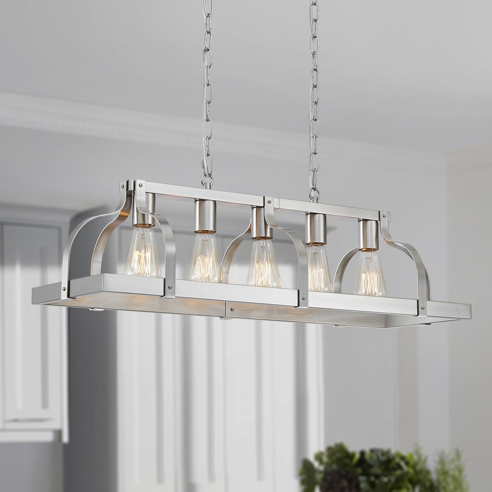 WUZUPS 5-Light Metal Chandelier Imitation Wood Grain Linear Pendant Ceiling Lighting Rustic Farmhouse Fixture Kitchen Island Dining Room, H 8.5" L 31.5" W10, E26 Base, Black & Retro Wood