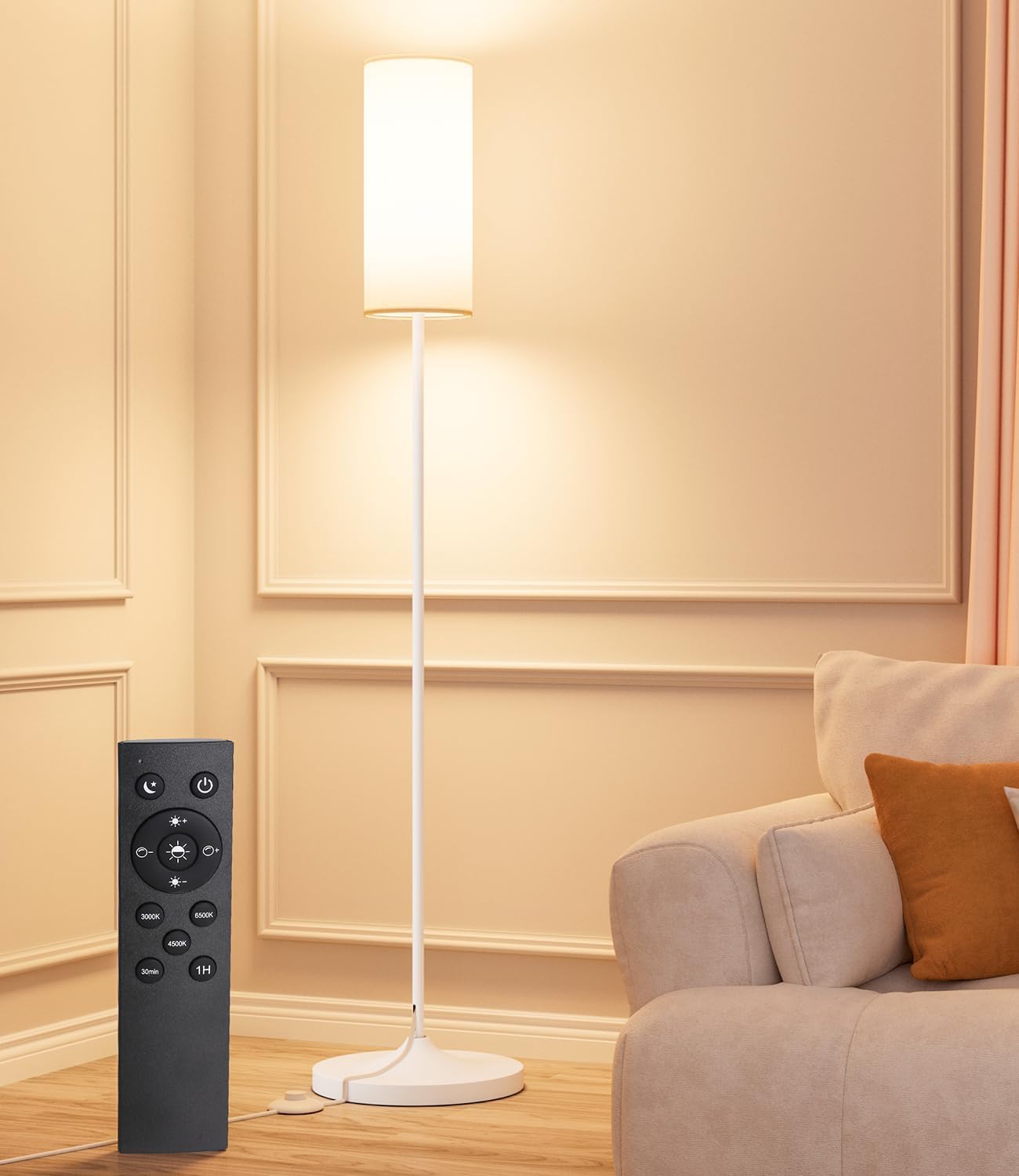 luckystyle LED Floor Lamp for Living Room, Dimmable Standing Lamps with Foot Switch,Remote Custom Color Temperature Gold Pole Lamp with Lampshade,12W Led Bulb Tall Lamps for Bedroom Office Kid Room