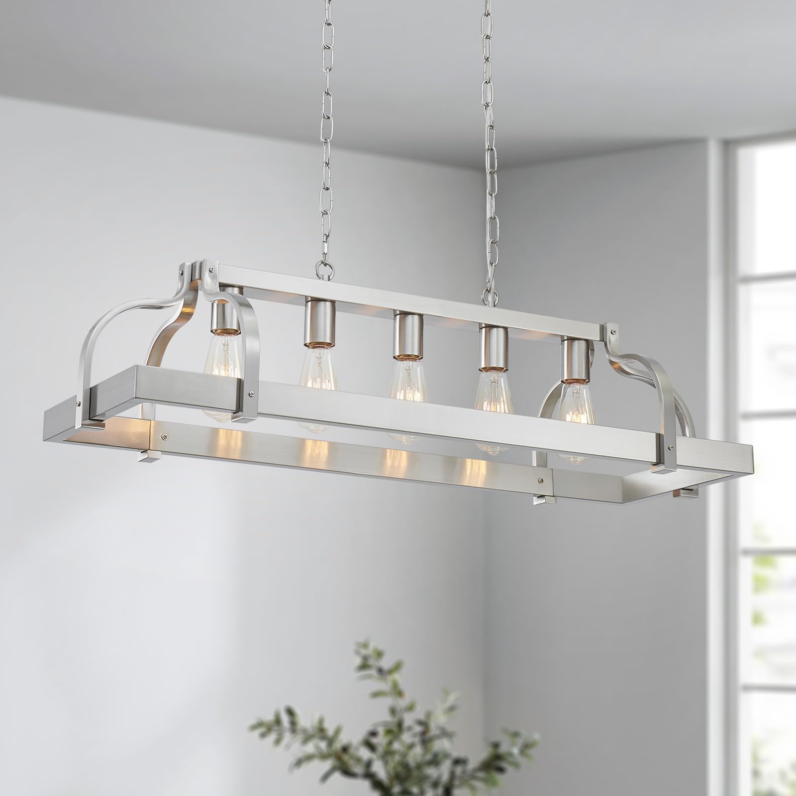 WUZUPS 5-Light Metal Chandelier Imitation Wood Grain Linear Pendant Ceiling Lighting Rustic Farmhouse Fixture Kitchen Island Dining Room, H 8.5" L 31.5" W10, E26 Base, Black & Retro Wood