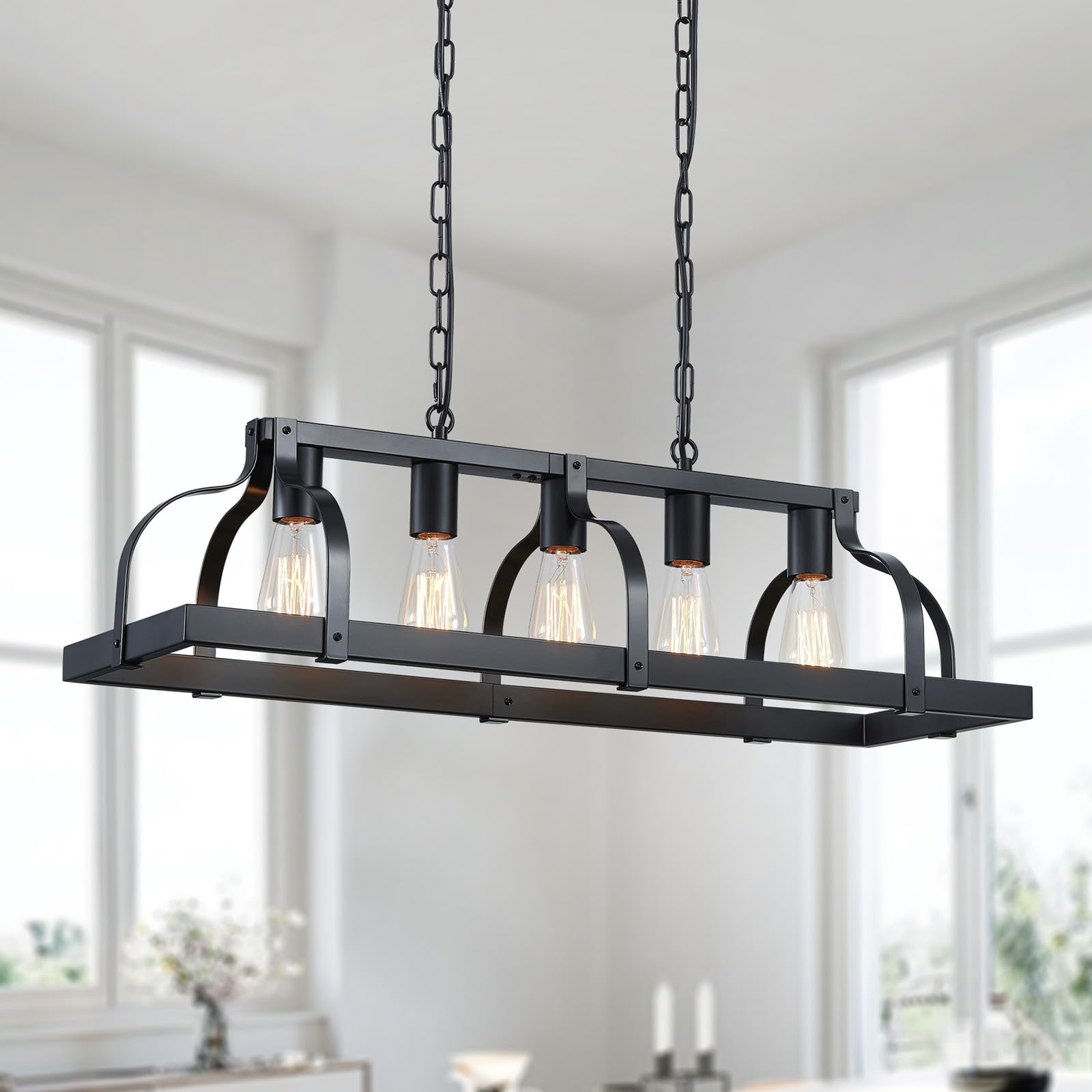 WUZUPS 5-Light Metal Chandelier Imitation Wood Grain Linear Pendant Ceiling Lighting Rustic Farmhouse Fixture Kitchen Island Dining Room, H 8.5" L 31.5" W10, E26 Base, Black & Retro Wood