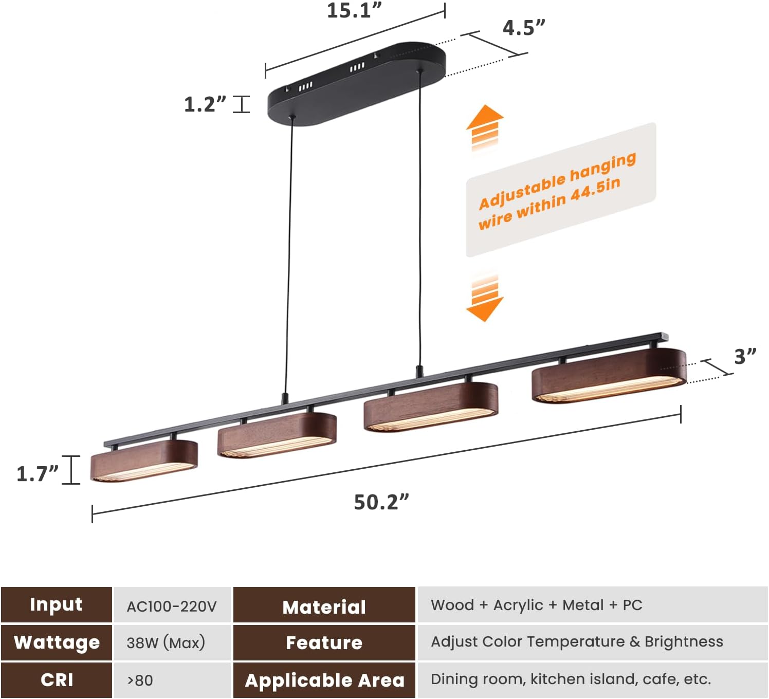 50.2" Kitchen Island Lights, 38W Wood Dining Room Light Fixtures Over Table, Dimmable Linear Pendant Lights for Kitchen Island, 4-Light Rustic Hanging Farmhouse Chandeliers, Walnut Color