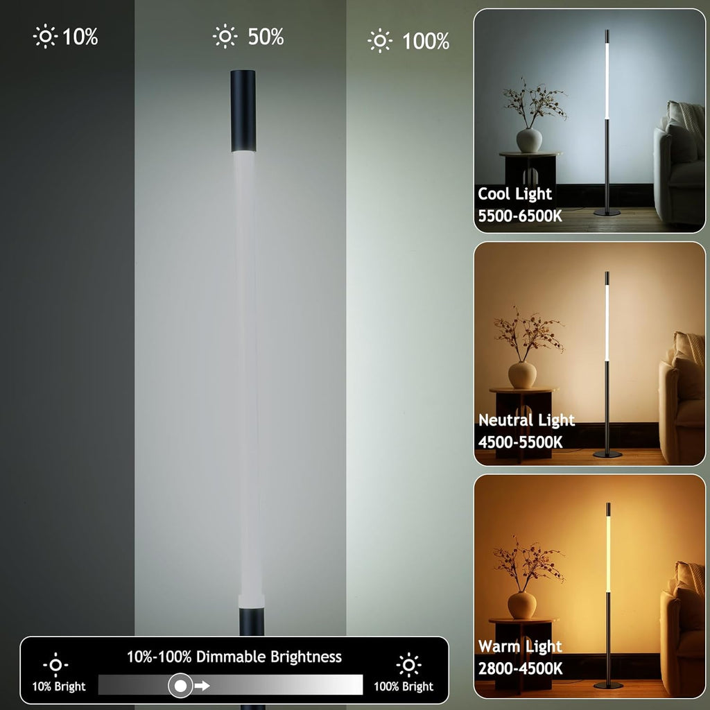 LED Dimmable Floor Lamp with Remote & Foot Switch, 2700–6000K Adjustable Color Temperature & Stepless Dimming, Slim Linear Tube Tall Standing Lamp, Modern Black Corner Lamp for Living Room Bedroom