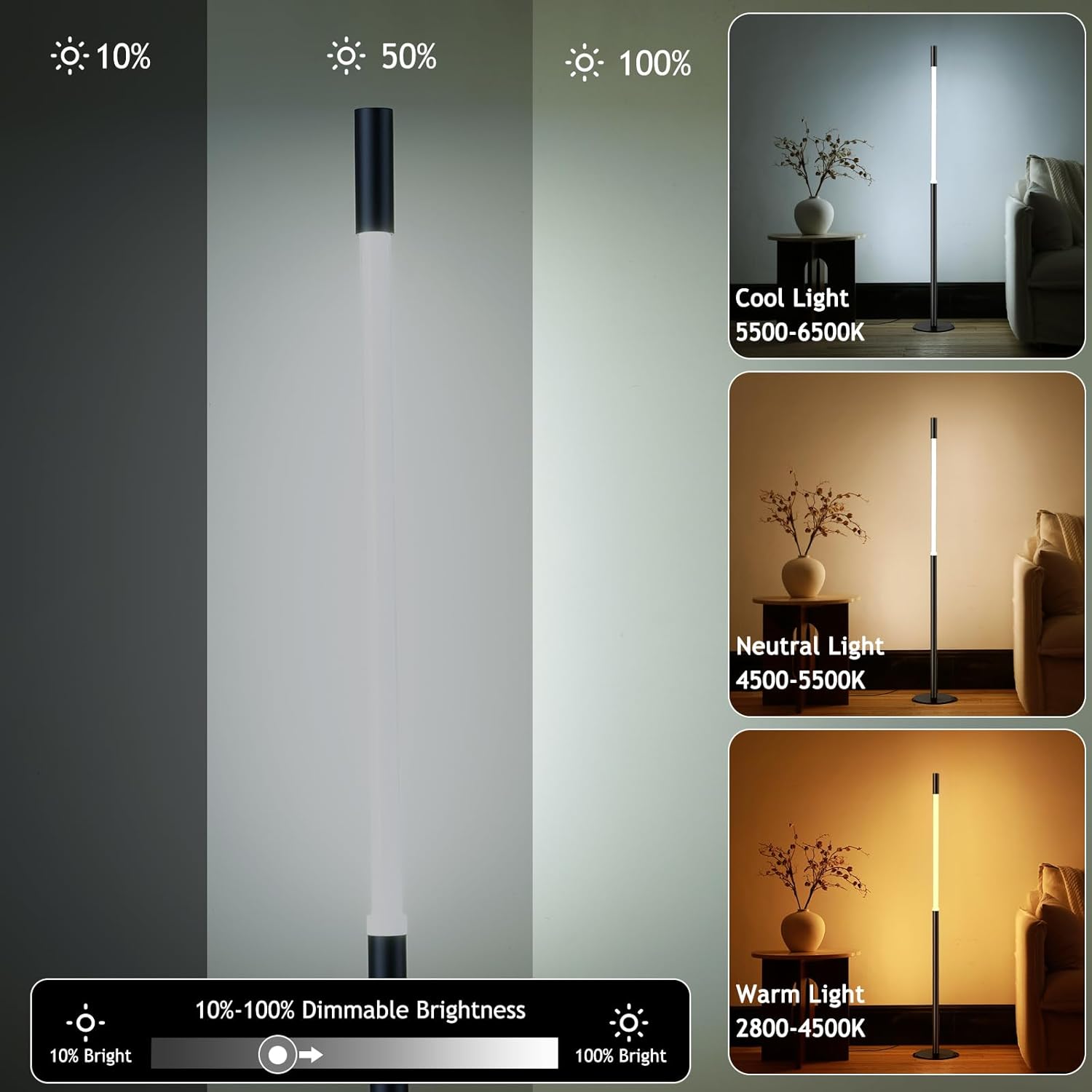 LED Dimmable Floor Lamp with Remote & Foot Switch, 2700–6000K Adjustable Color Temperature & Stepless Dimming, Slim Linear Tube Tall Standing Lamp, Modern Black Corner Lamp for Living Room Bedroom